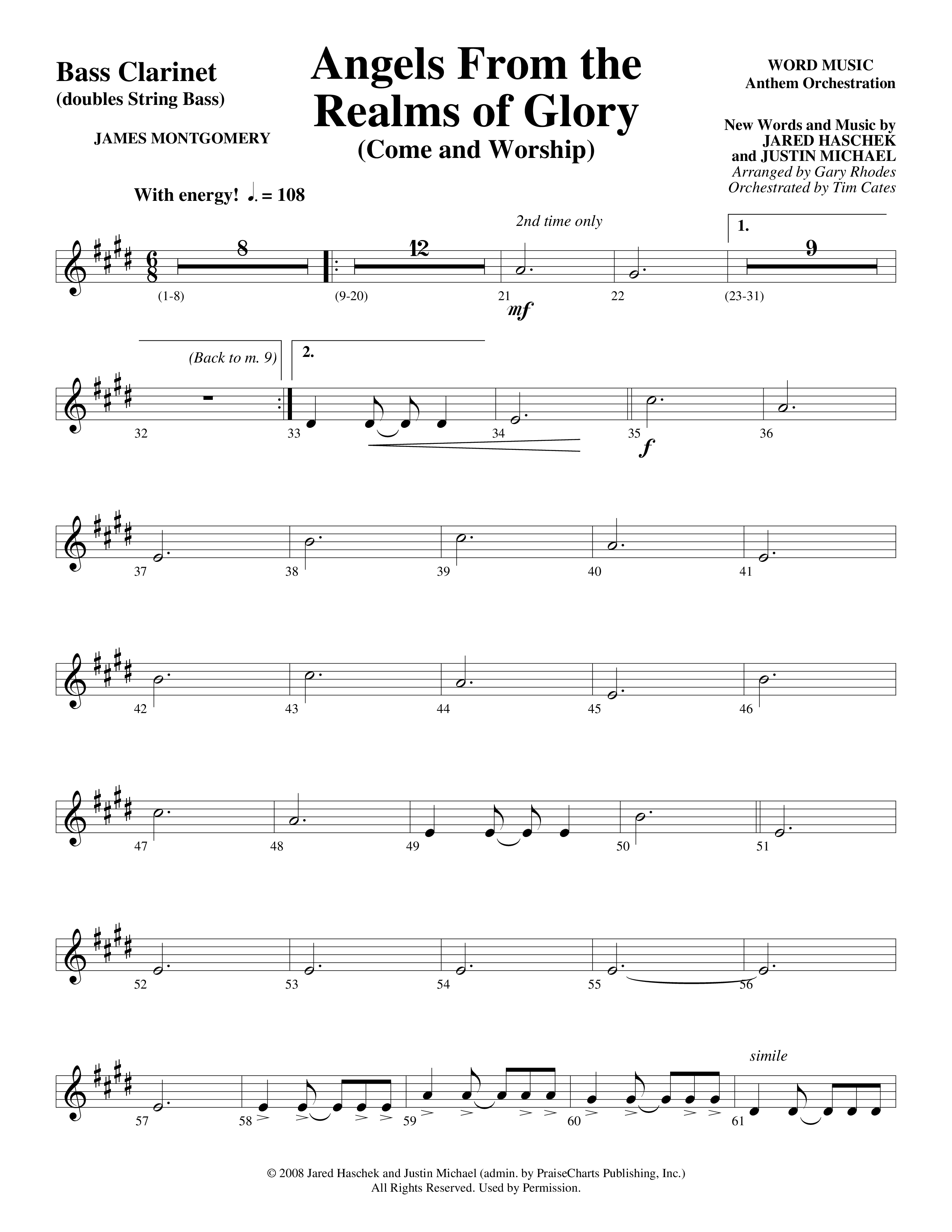 Angels From The Realms Of Glory (Come And Worship) Bass Clarinet (Word Music Choral / Arr. Gary Rhodes / Orch. Tim Cates)
