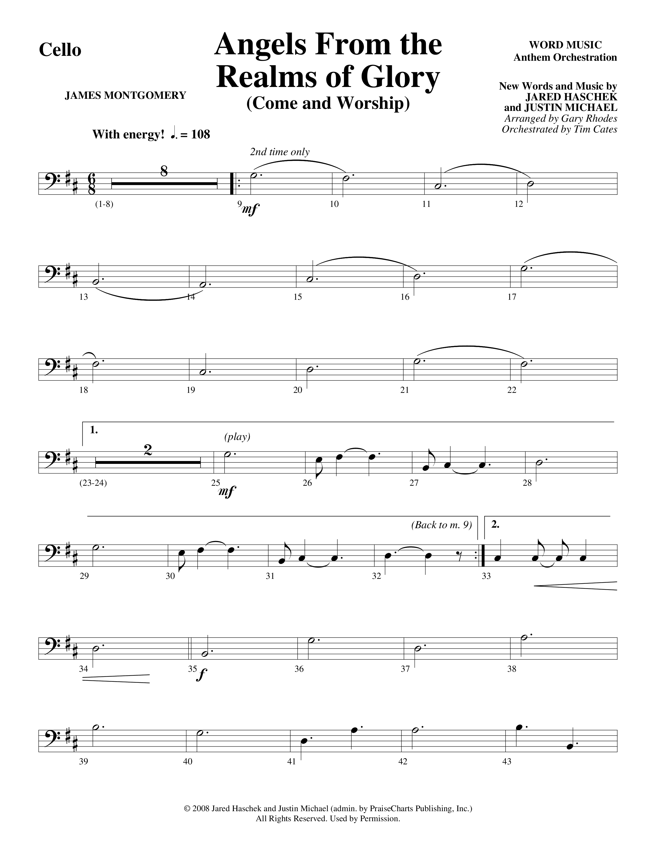 Angels From The Realms Of Glory (Come And Worship) Cello (Word Music Choral / Arr. Gary Rhodes / Orch. Tim Cates)