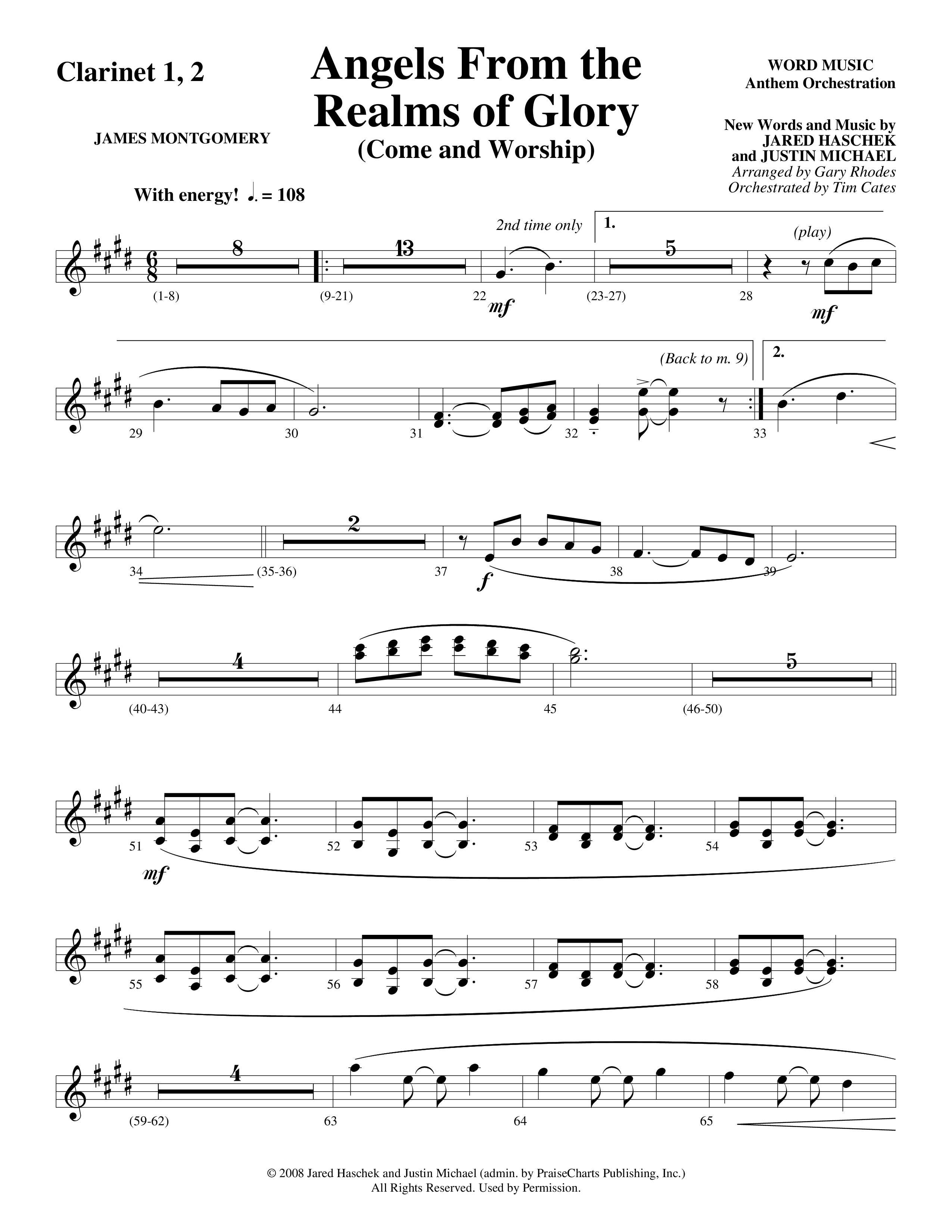 Angels From The Realms Of Glory (Come And Worship) Clarinet 1/2 (Word Music Choral / Arr. Gary Rhodes / Orch. Tim Cates)