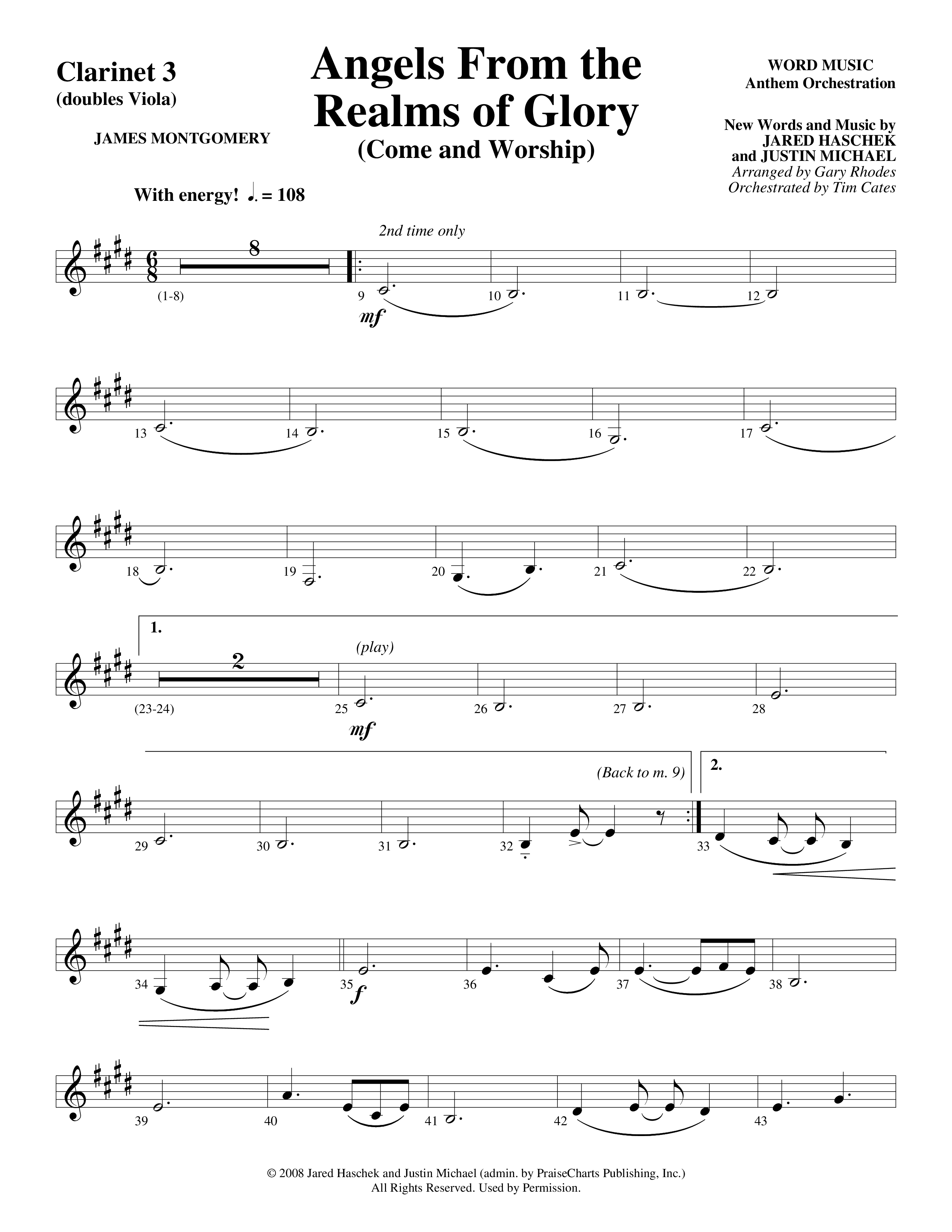 Angels From The Realms Of Glory (Come And Worship) Clarinet 3 (Word Music Choral / Arr. Gary Rhodes / Orch. Tim Cates)