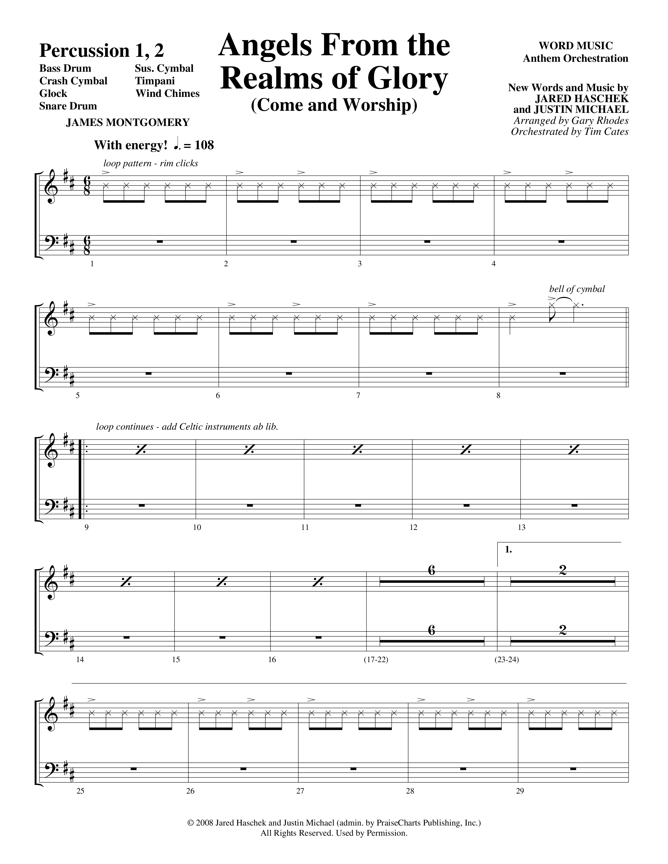 Angels From The Realms Of Glory (Come And Worship) Percussion 1/2 (Word Music Choral / Arr. Gary Rhodes / Orch. Tim Cates)