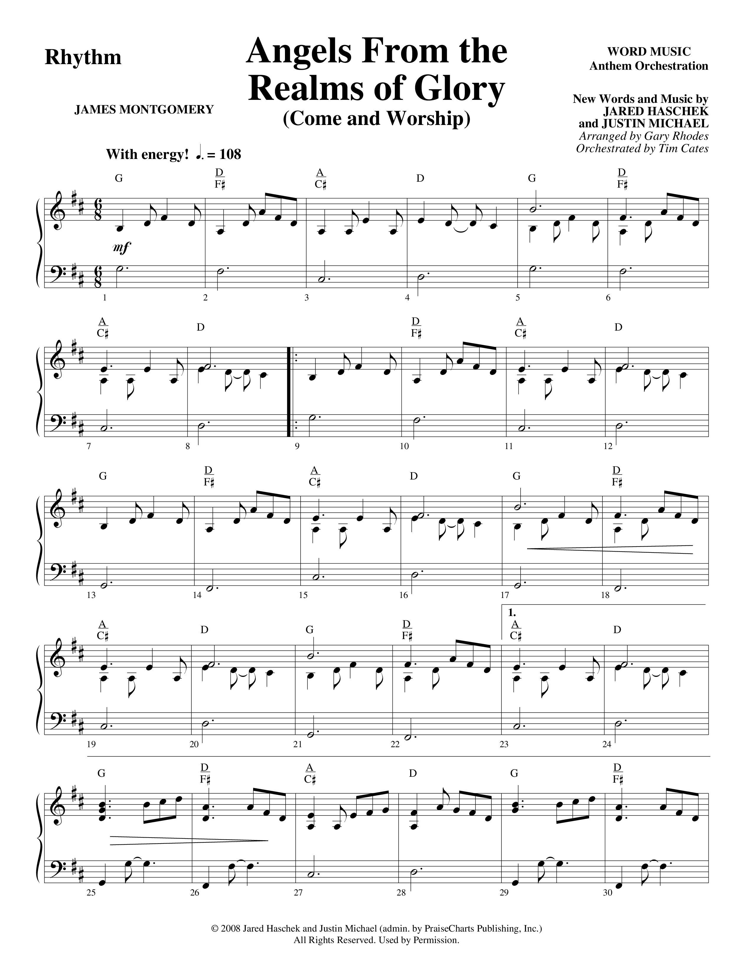 Angels From The Realms Of Glory (Come And Worship) Rhythm Chart (Word Music Choral / Arr. Gary Rhodes / Orch. Tim Cates)
