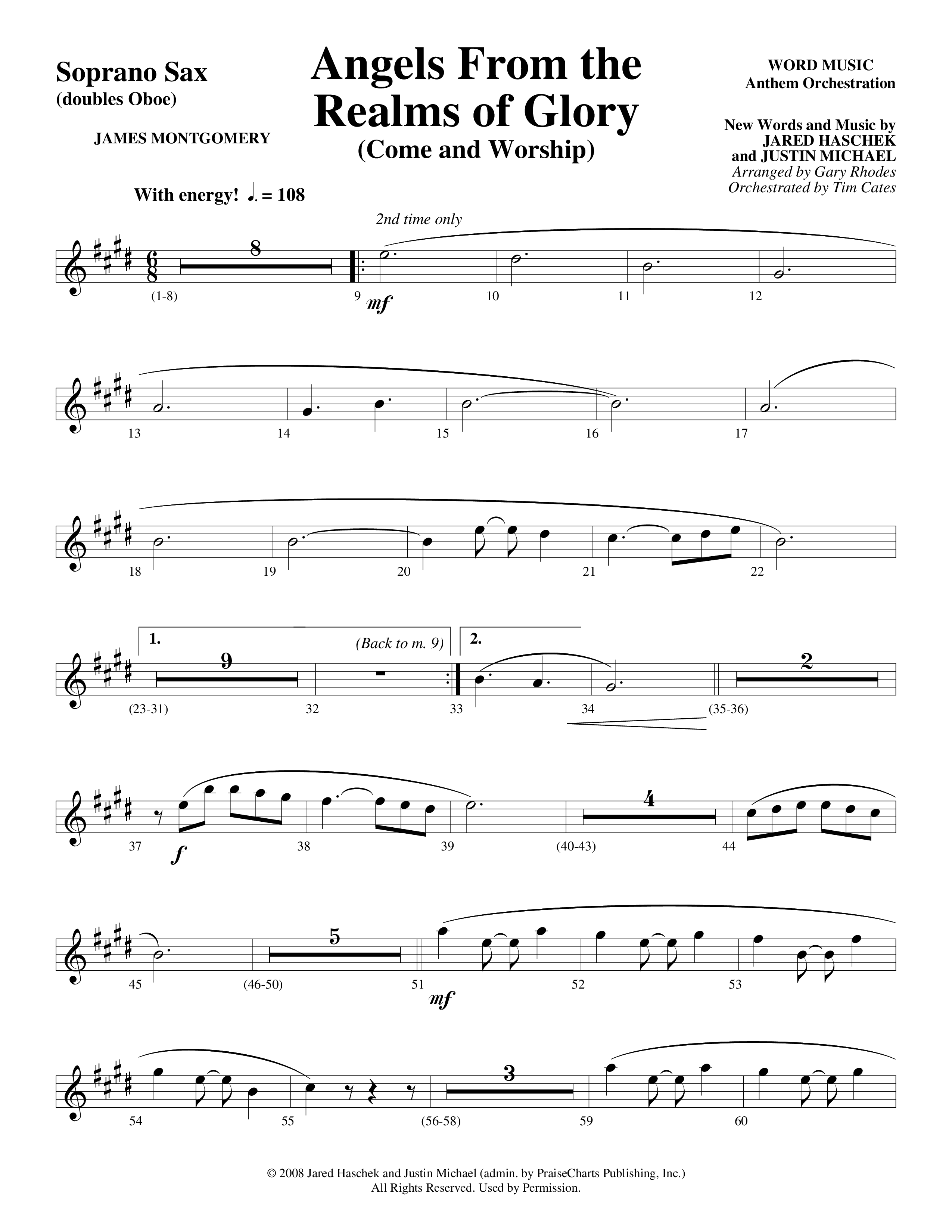 Angels From The Realms Of Glory (Come And Worship) Soprano Sax (Word Music Choral / Arr. Gary Rhodes / Orch. Tim Cates)