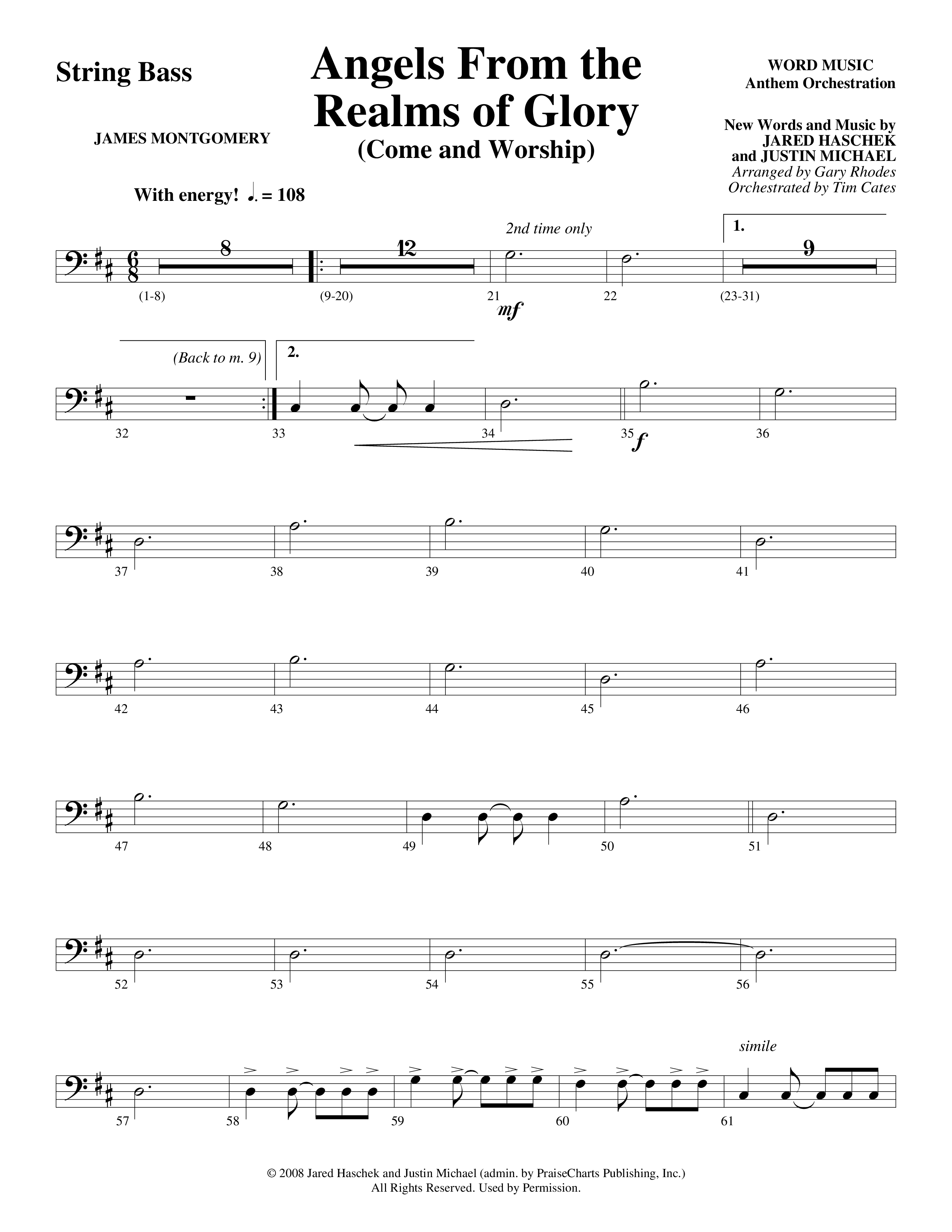 Angels From The Realms Of Glory (Come And Worship) String Bass (Word Music Choral / Arr. Gary Rhodes / Orch. Tim Cates)