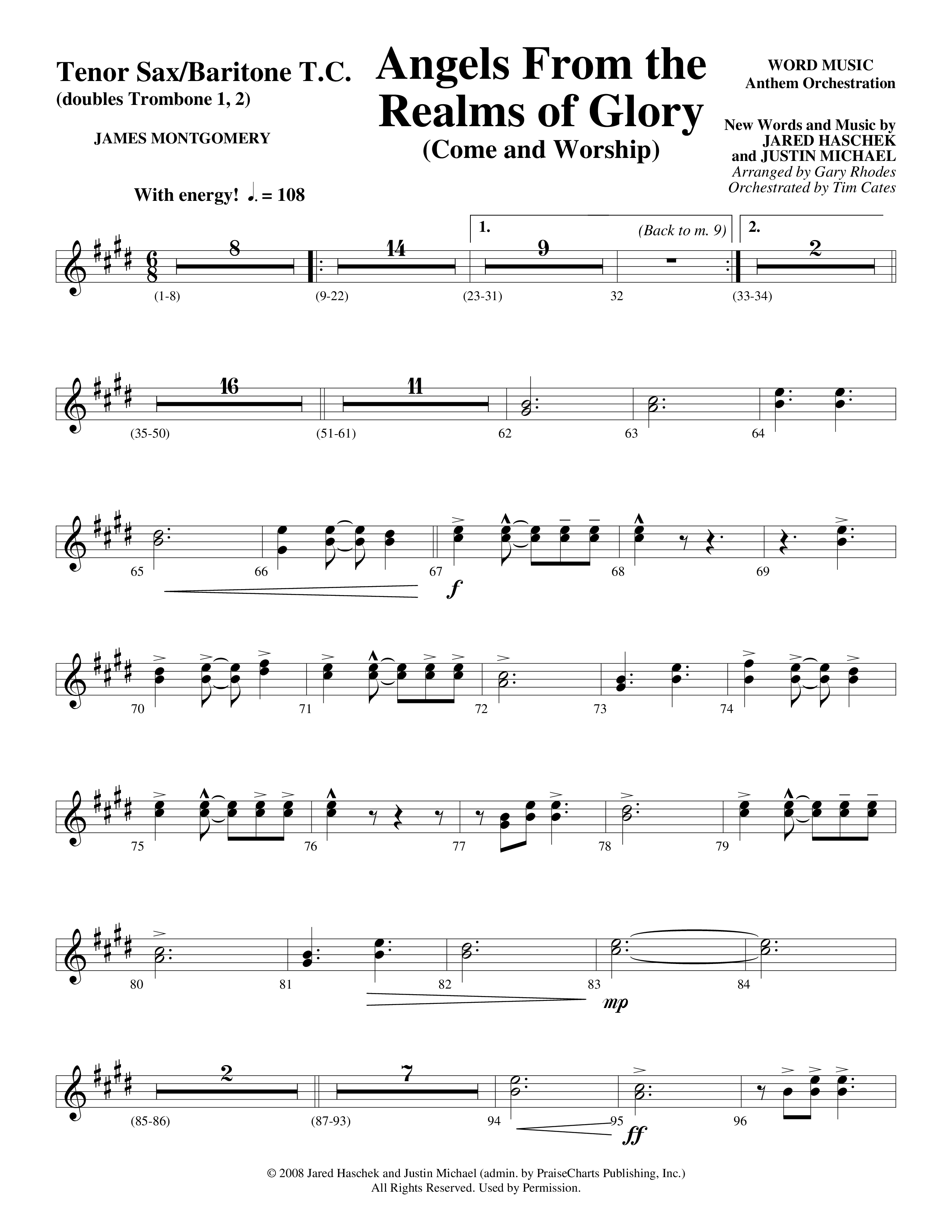 Angels From The Realms Of Glory (Come And Worship) Tenor Sax/Baritone T.C. (Word Music Choral / Arr. Gary Rhodes / Orch. Tim Cates)