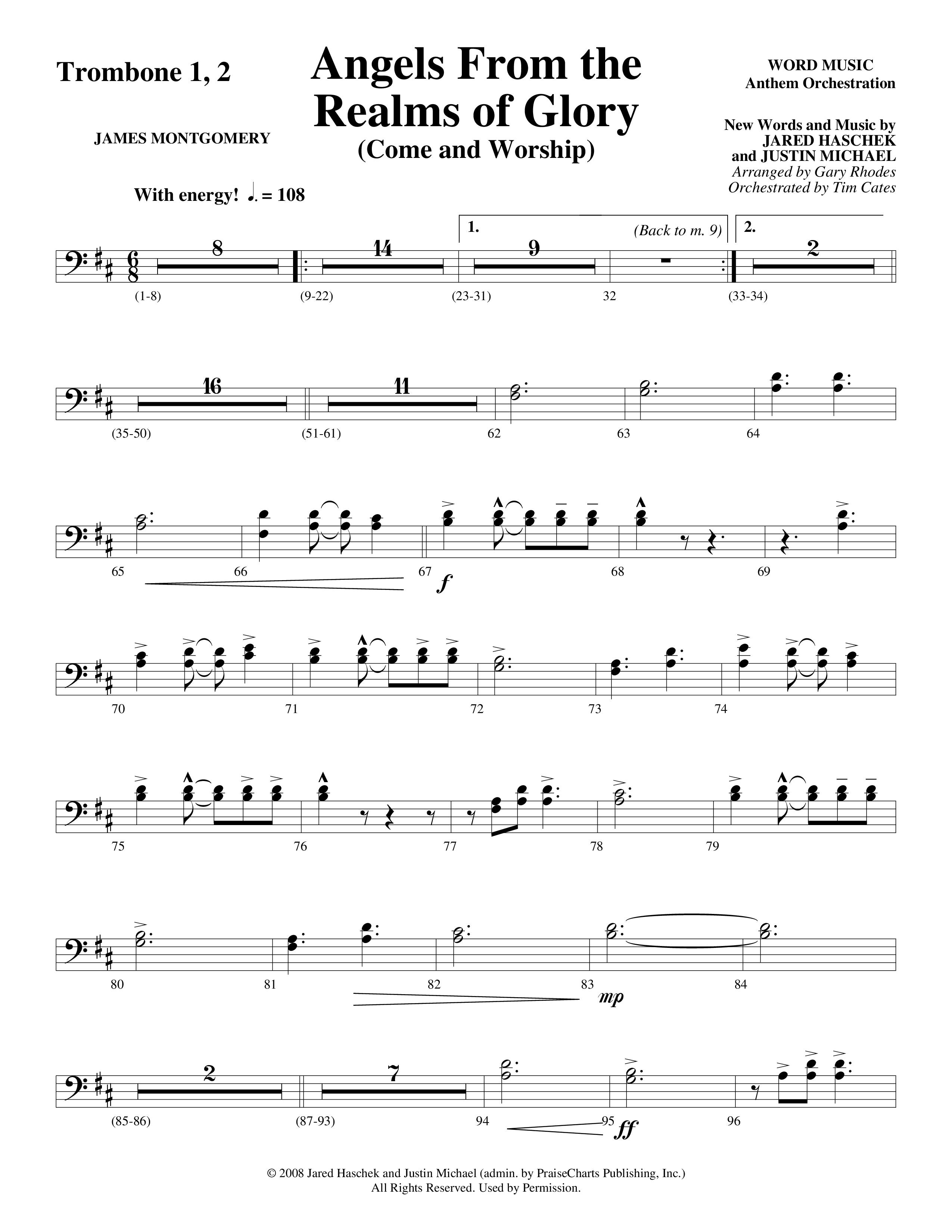 Angels From The Realms Of Glory (Come And Worship) Trombone 1/2 (Word Music Choral / Arr. Gary Rhodes / Orch. Tim Cates)