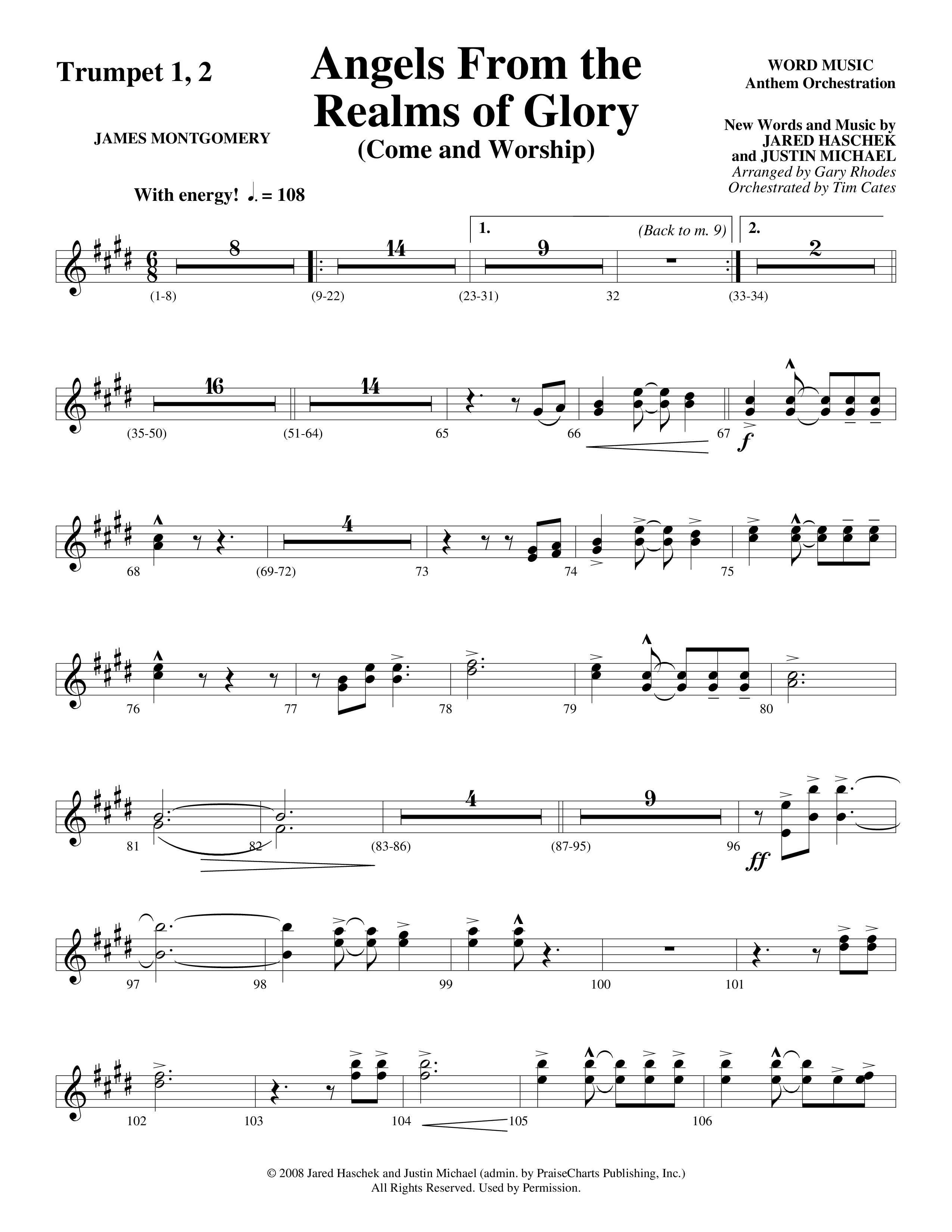 Angels From The Realms Of Glory (Come And Worship) Trumpet 1,2 (Word Music Choral / Arr. Gary Rhodes / Orch. Tim Cates)