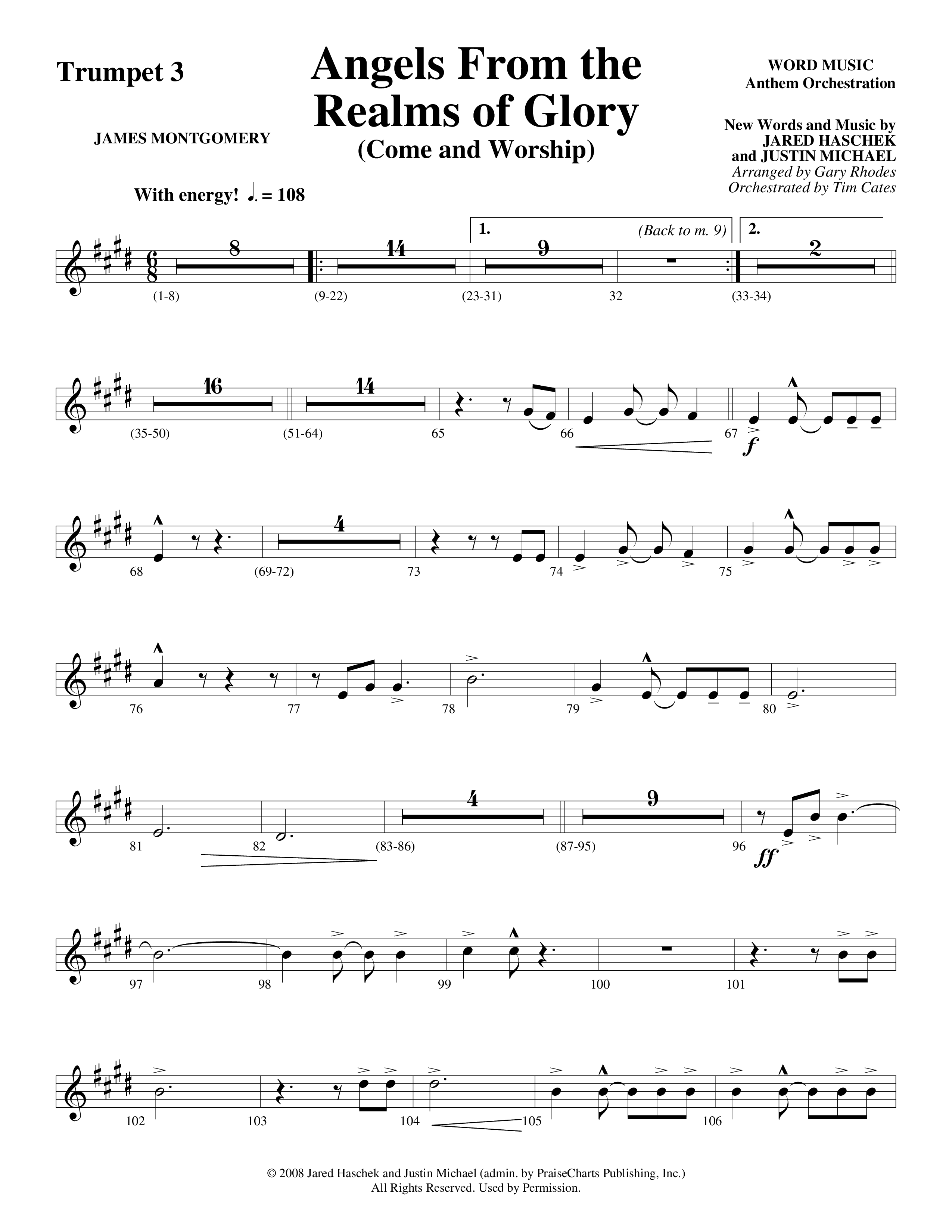 Angels From The Realms Of Glory (Come And Worship) Trumpet 3 (Word Music Choral / Arr. Gary Rhodes / Orch. Tim Cates)