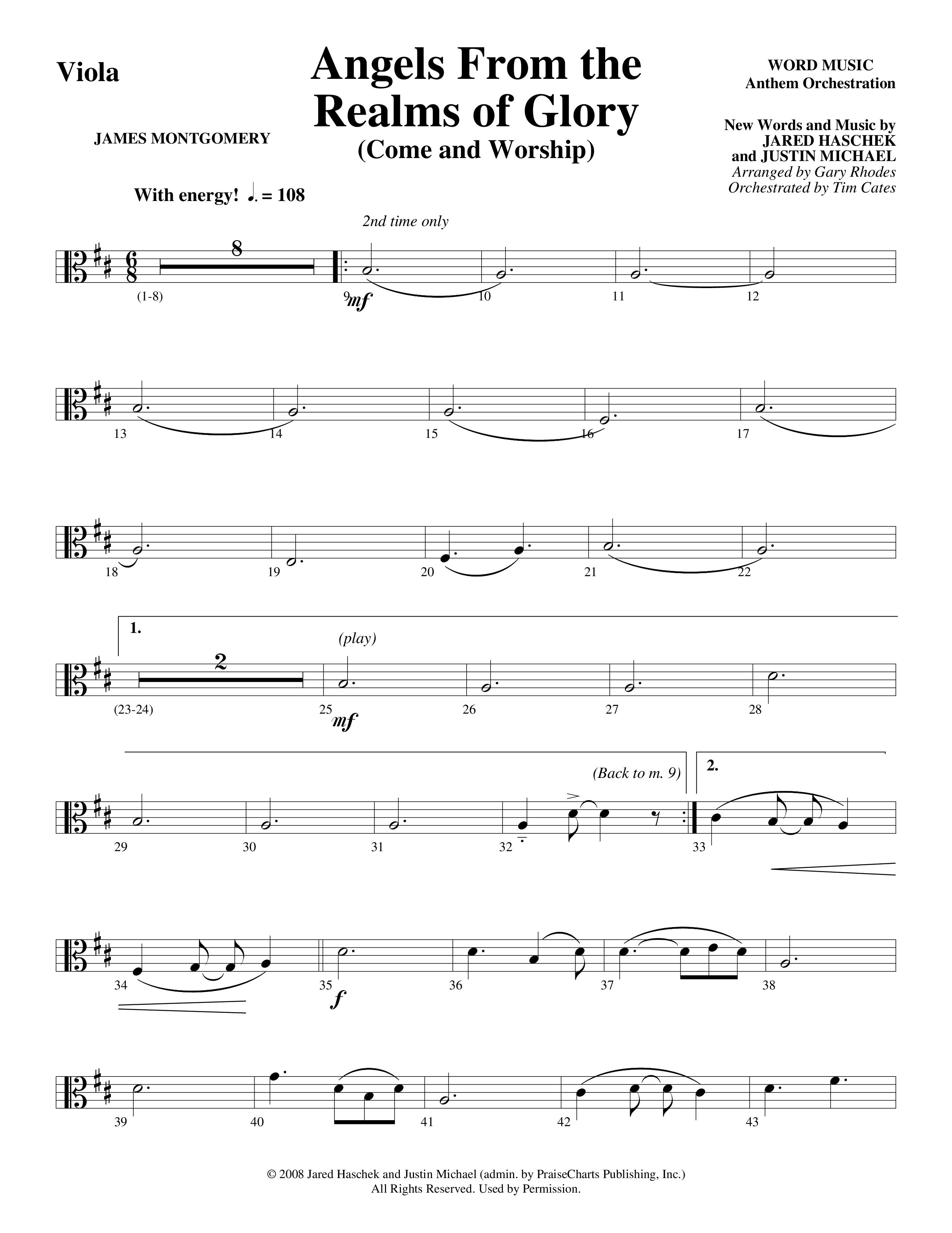 Angels From The Realms Of Glory (Come And Worship) Viola (Word Music Choral / Arr. Gary Rhodes / Orch. Tim Cates)