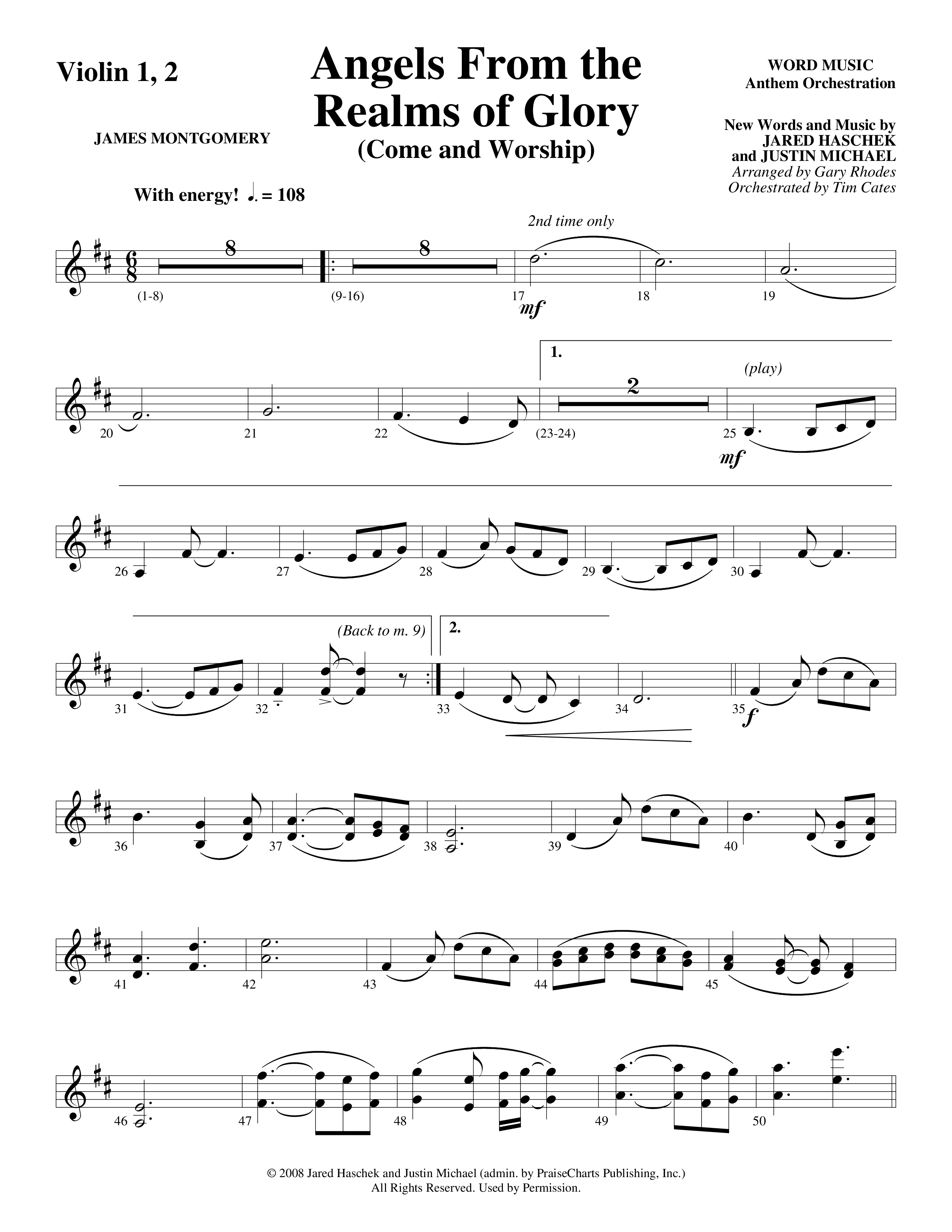Angels From The Realms Of Glory (Come And Worship) Violin 1/2 (Word Music Choral / Arr. Gary Rhodes / Orch. Tim Cates)