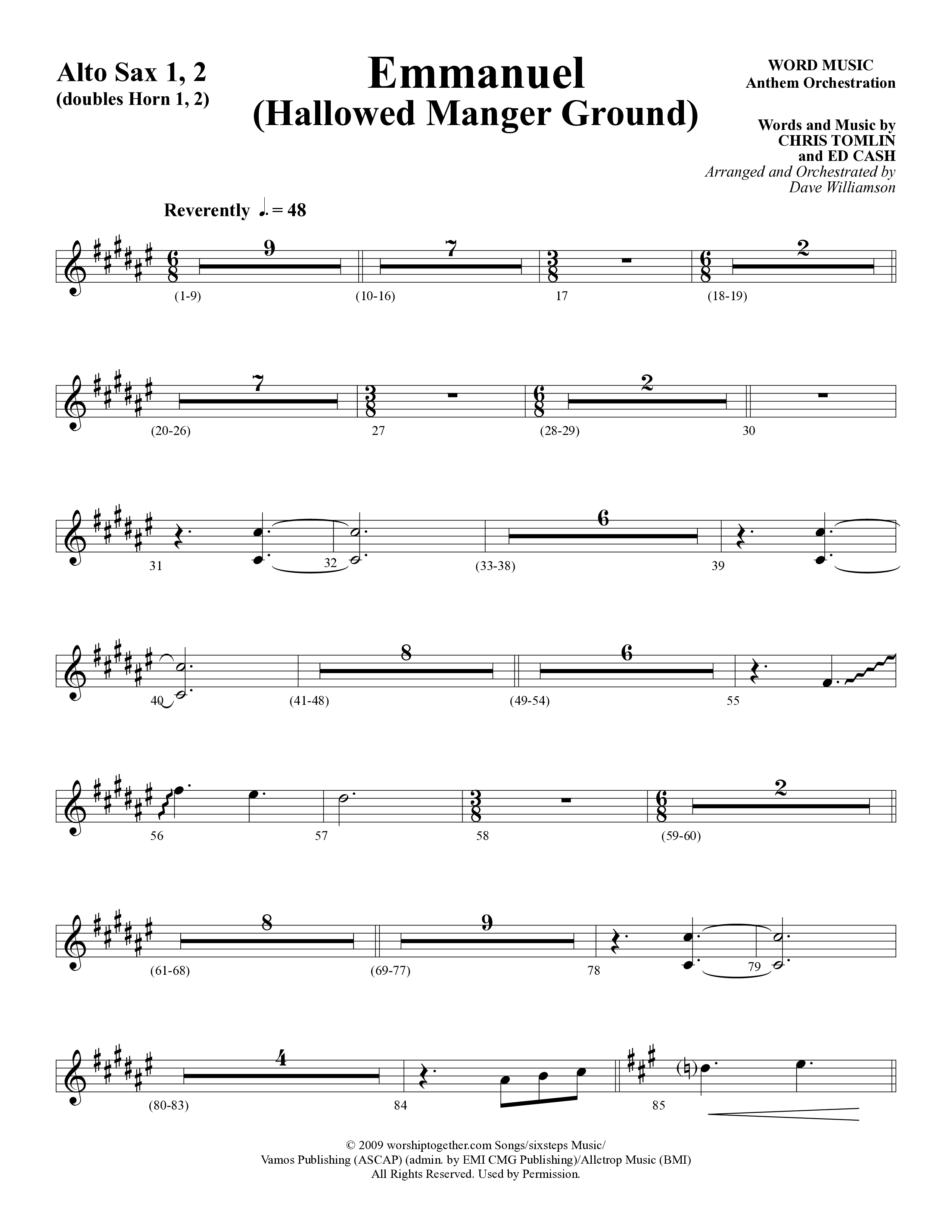 Emmanuel (Hallowed Manger Ground) (Choral Anthem SATB) Alto Sax 1/2 (Word Music Choral / Arr. Dave Williamson)