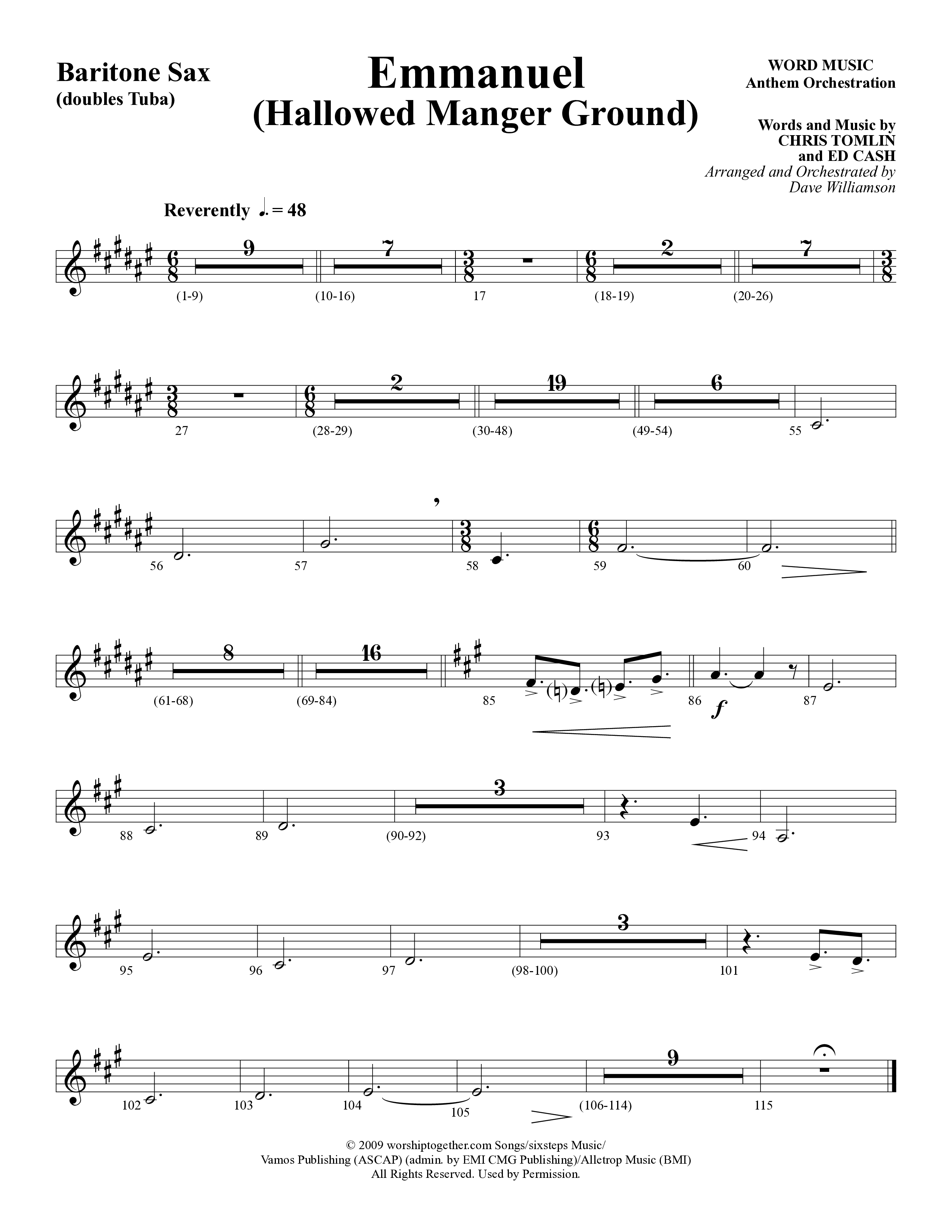 Emmanuel (Hallowed Manger Ground) (Choral Anthem SATB) Bari Sax (Word Music Choral / Arr. Dave Williamson)