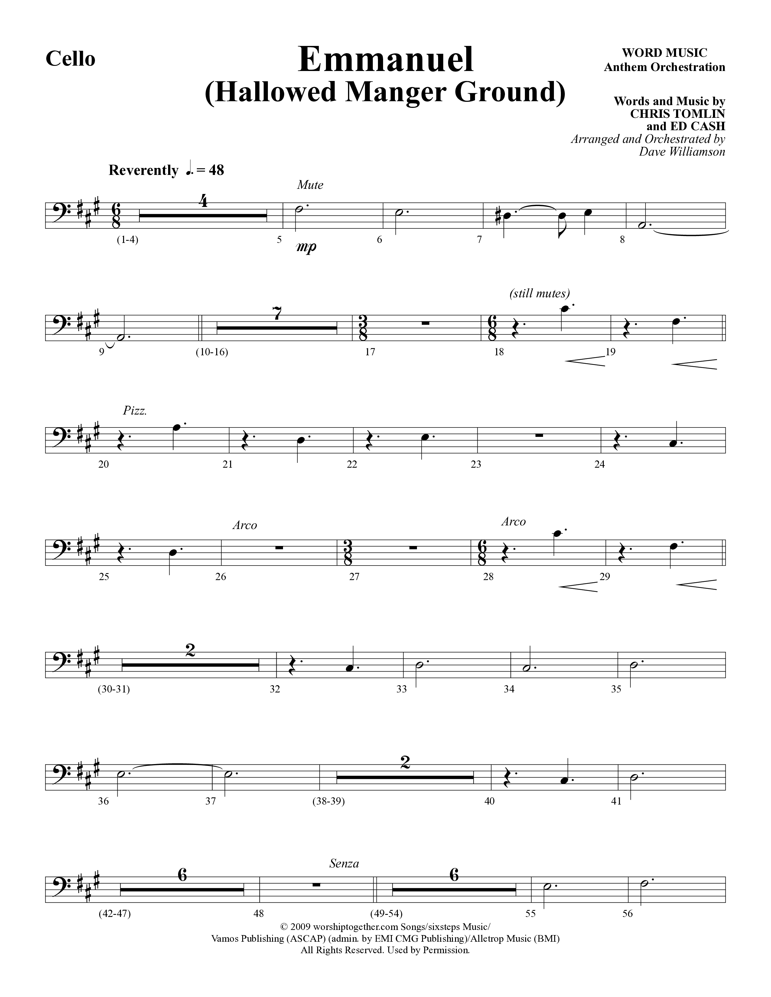 Emmanuel (Hallowed Manger Ground) (Choral Anthem SATB) Cello (Word Music Choral / Arr. Dave Williamson)