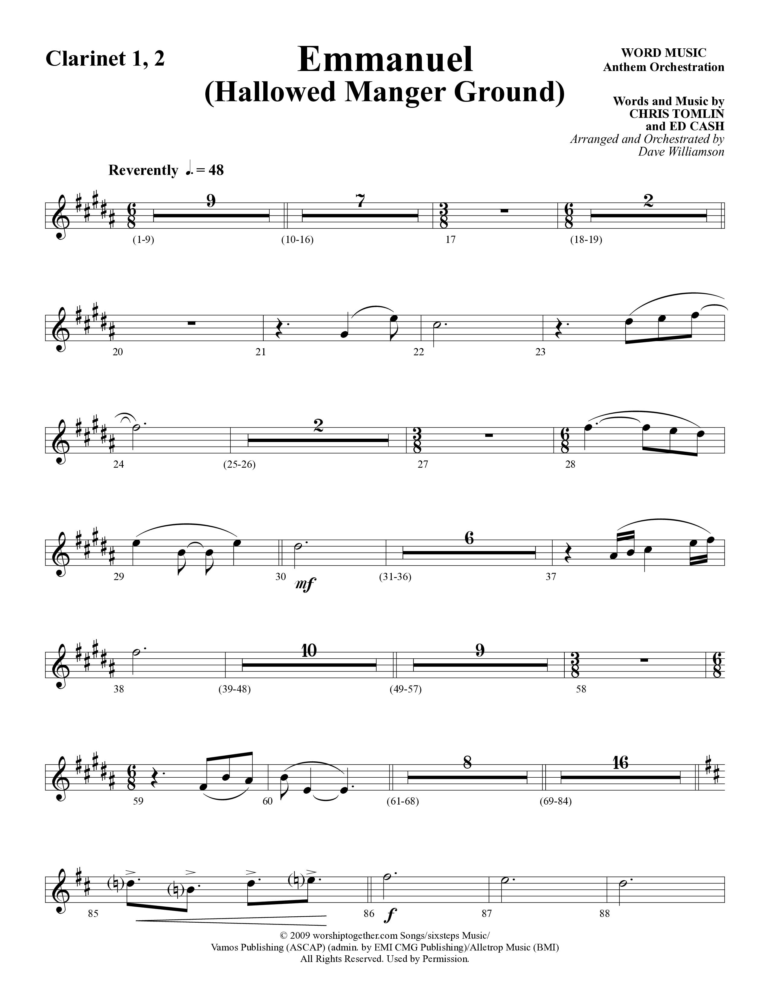 Emmanuel (Hallowed Manger Ground) (Choral Anthem SATB) Clarinet 1/2 (Word Music Choral / Arr. Dave Williamson)