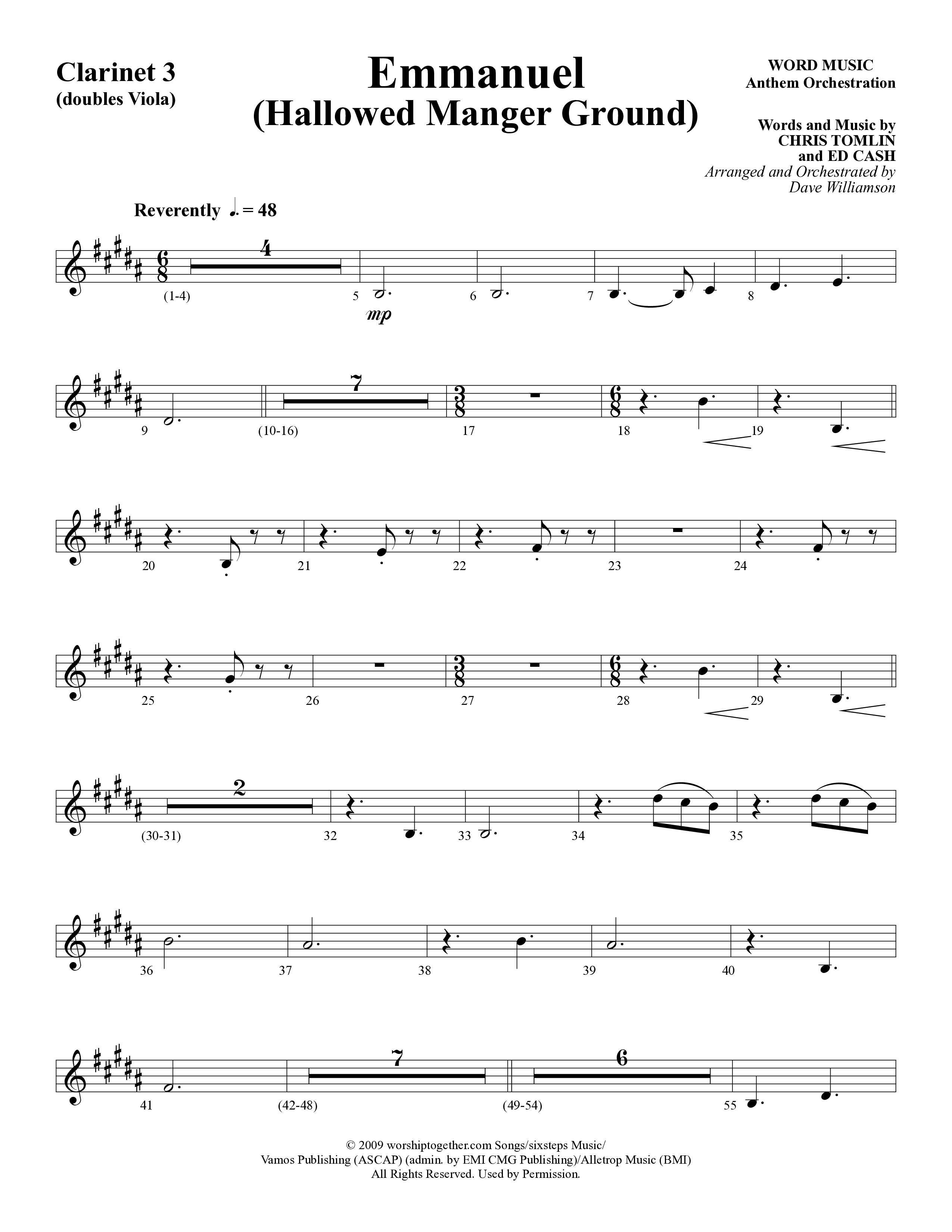 Emmanuel (Hallowed Manger Ground) (Choral Anthem SATB) Clarinet 3 (Word Music Choral / Arr. Dave Williamson)