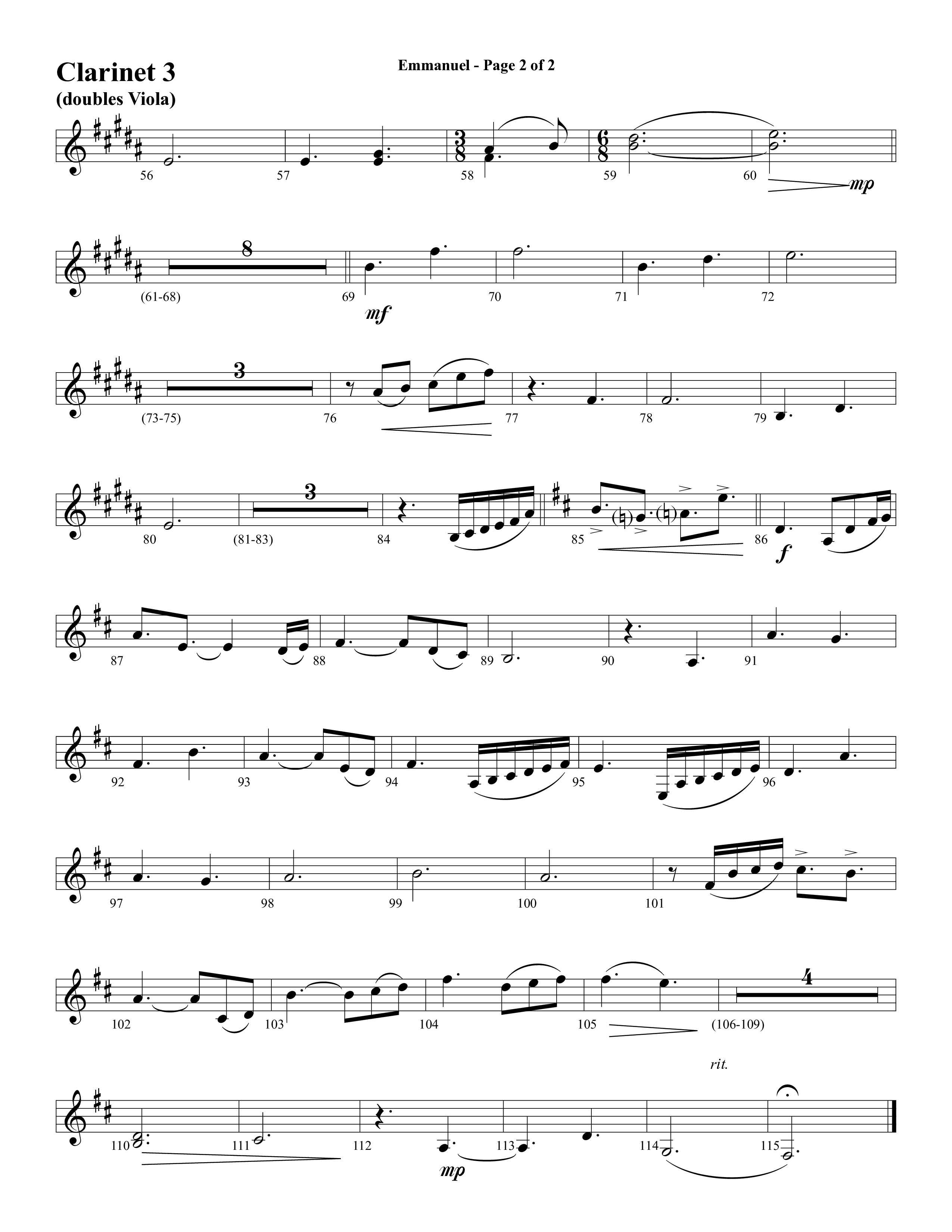 Emmanuel (Hallowed Manger Ground) (Choral Anthem SATB) Clarinet 3 (Word Music Choral / Arr. Dave Williamson)