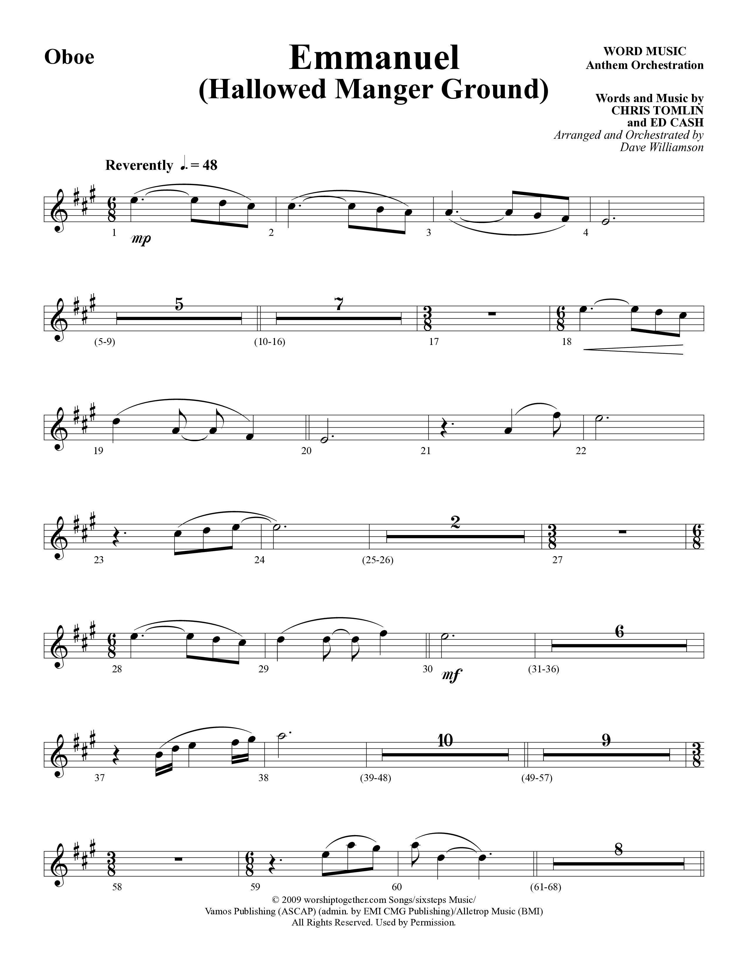Emmanuel (Hallowed Manger Ground) (Choral Anthem SATB) Oboe (Word Music Choral / Arr. Dave Williamson)