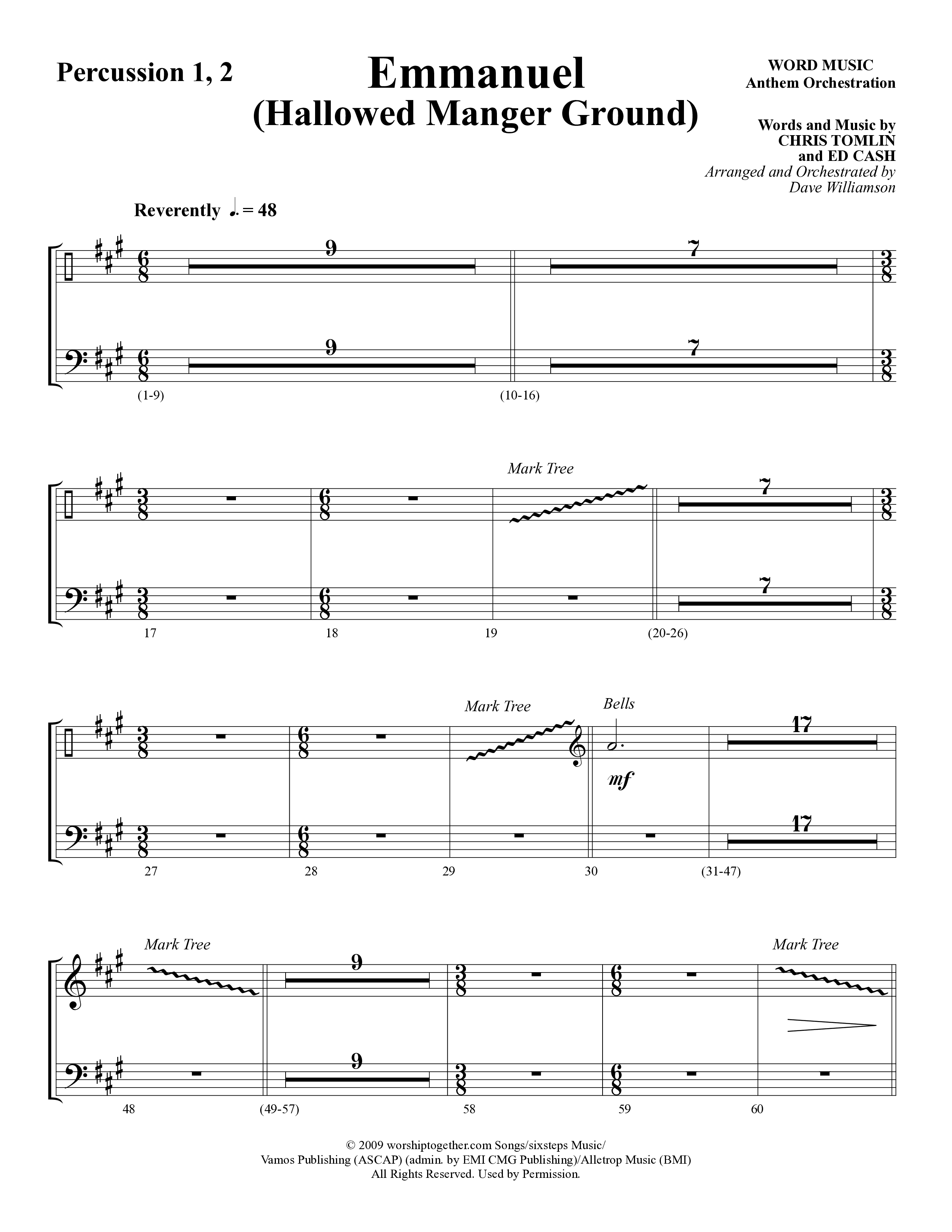 Emmanuel (Hallowed Manger Ground) (Choral Anthem SATB) Percussion 1/2 (Word Music Choral / Arr. Dave Williamson)