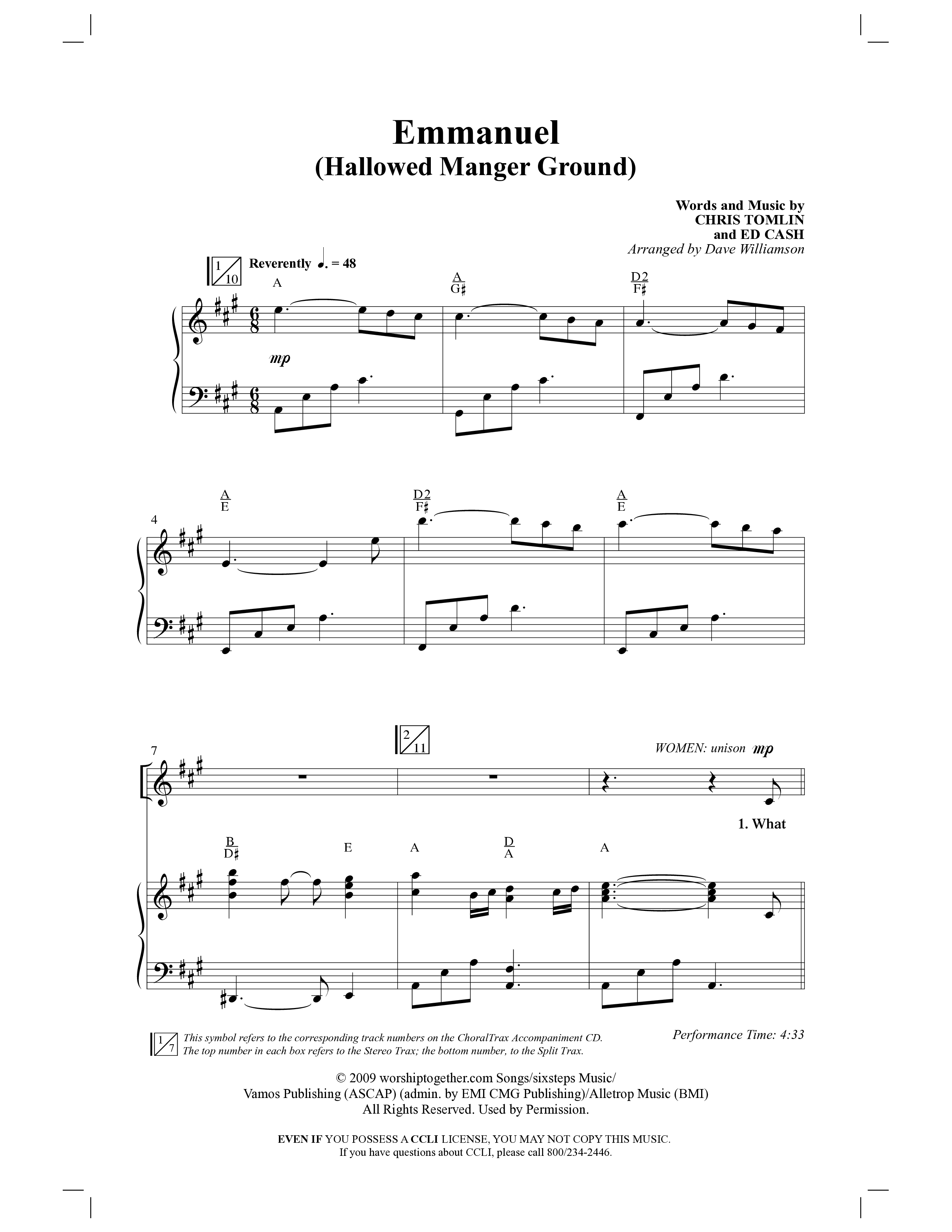 Emmanuel (Hallowed Manger Ground) (Choral Anthem SATB) Anthem (SATB/Piano) (Word Music Choral / Arr. Dave Williamson)