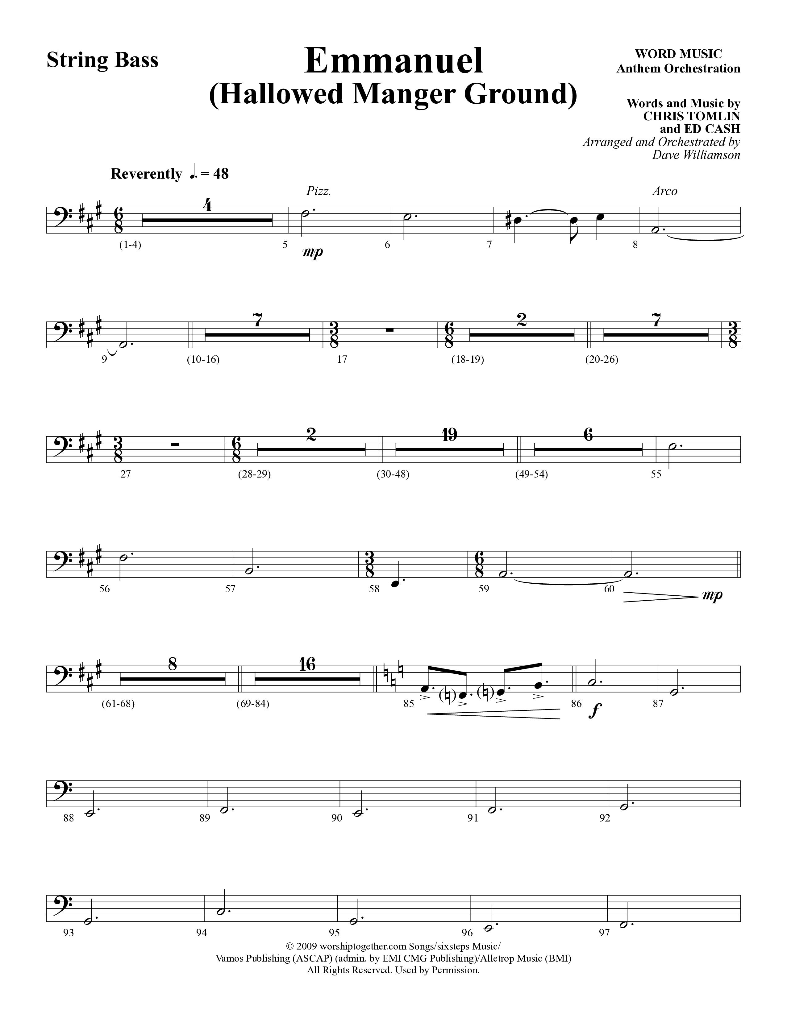 Emmanuel (Hallowed Manger Ground) (Choral Anthem SATB) String Bass (Word Music Choral / Arr. Dave Williamson)