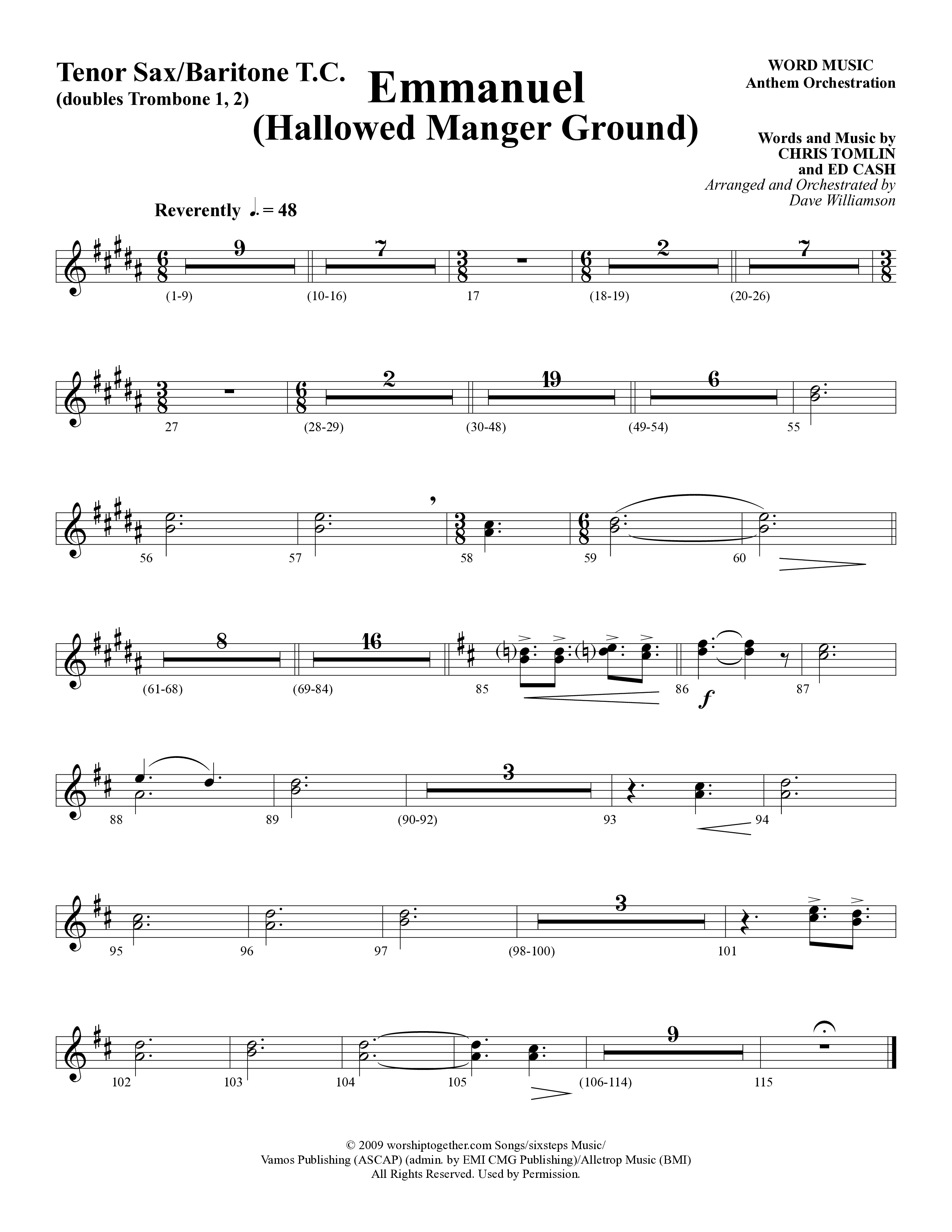 Emmanuel (Hallowed Manger Ground) (Choral Anthem SATB) Tenor Sax/Baritone T.C. (Word Music Choral / Arr. Dave Williamson)