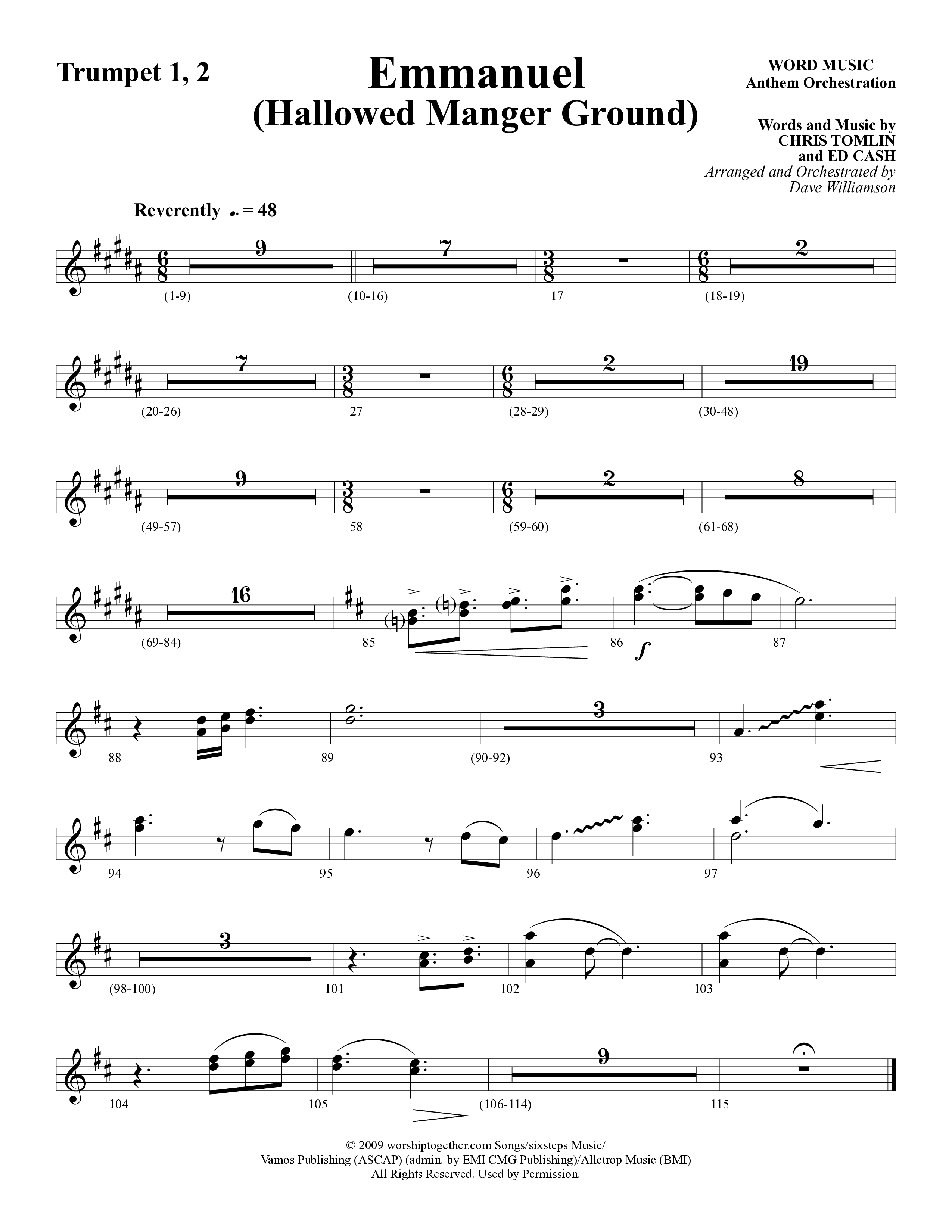 Emmanuel (Hallowed Manger Ground) (Choral Anthem SATB) Trumpet 1,2 (Word Music Choral / Arr. Dave Williamson)