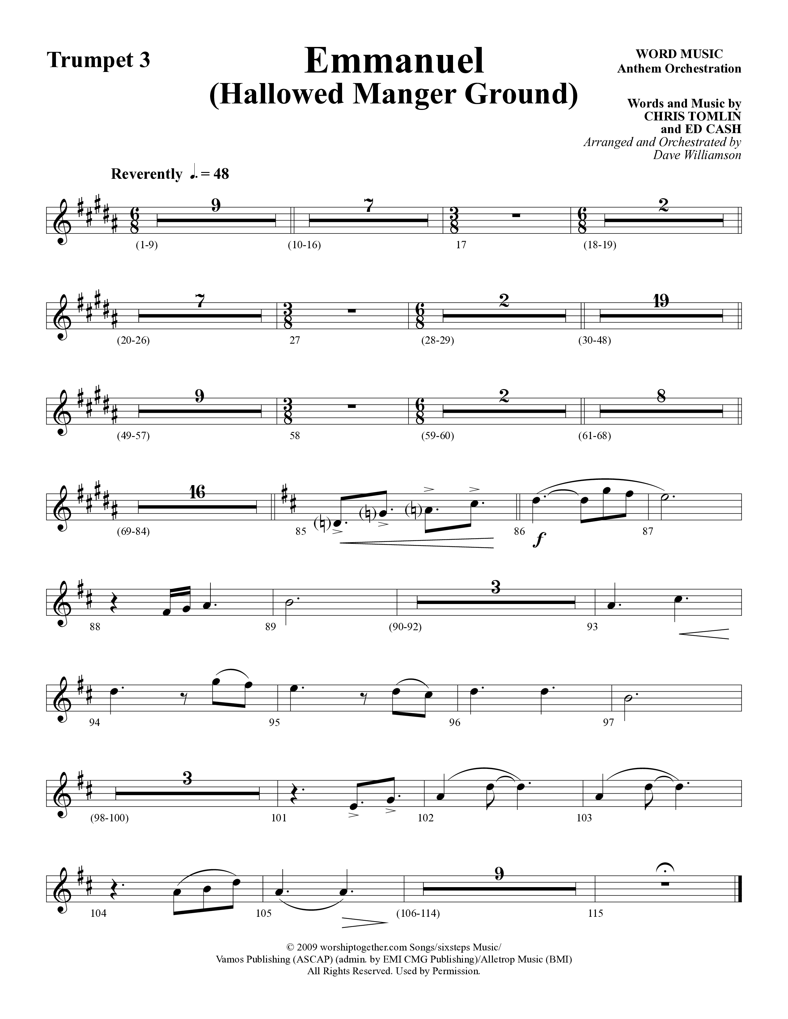 Emmanuel (Hallowed Manger Ground) (Choral Anthem SATB) Trumpet 3 (Word Music Choral / Arr. Dave Williamson)