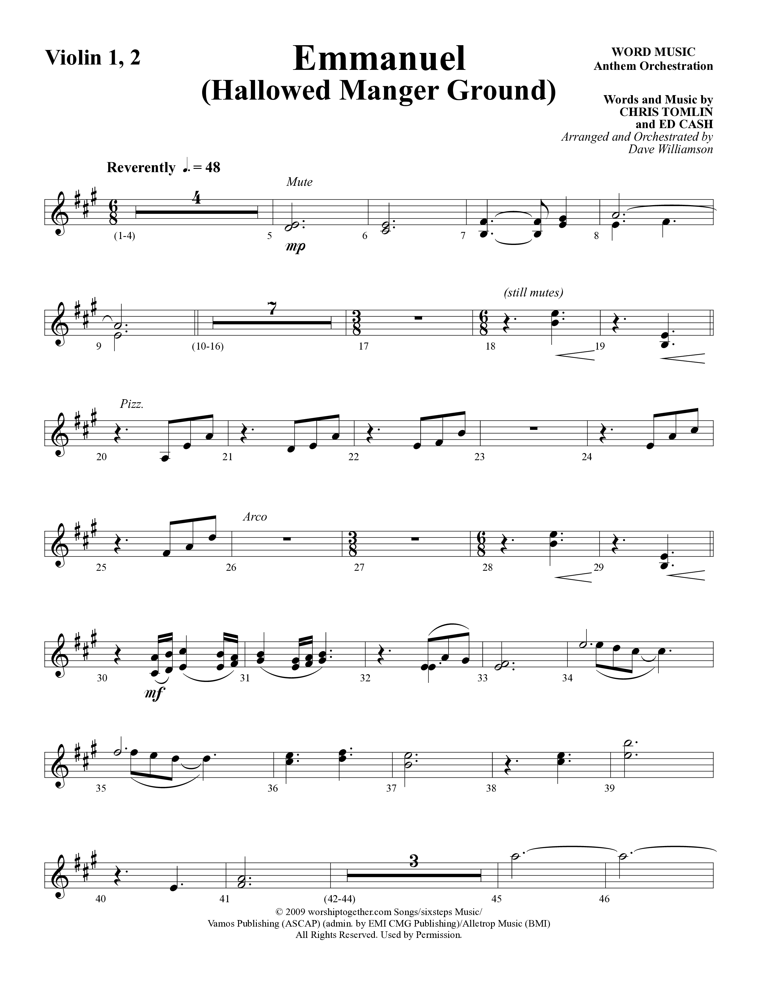 Emmanuel (Hallowed Manger Ground) (Choral Anthem SATB) Violin 1/2 (Word Music Choral / Arr. Dave Williamson)