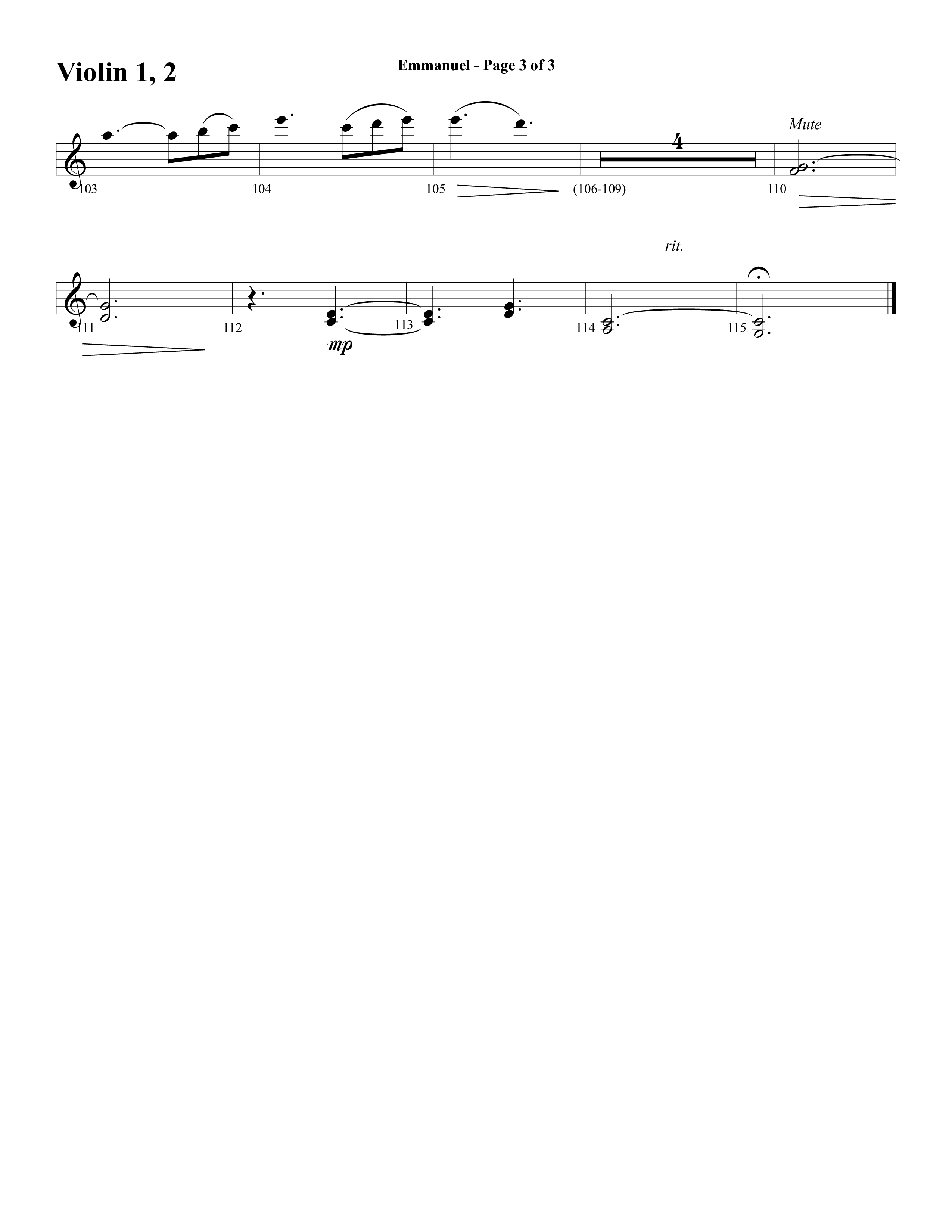 Emmanuel (Hallowed Manger Ground) (Choral Anthem SATB) Violin 1/2 (Word Music Choral / Arr. Dave Williamson)