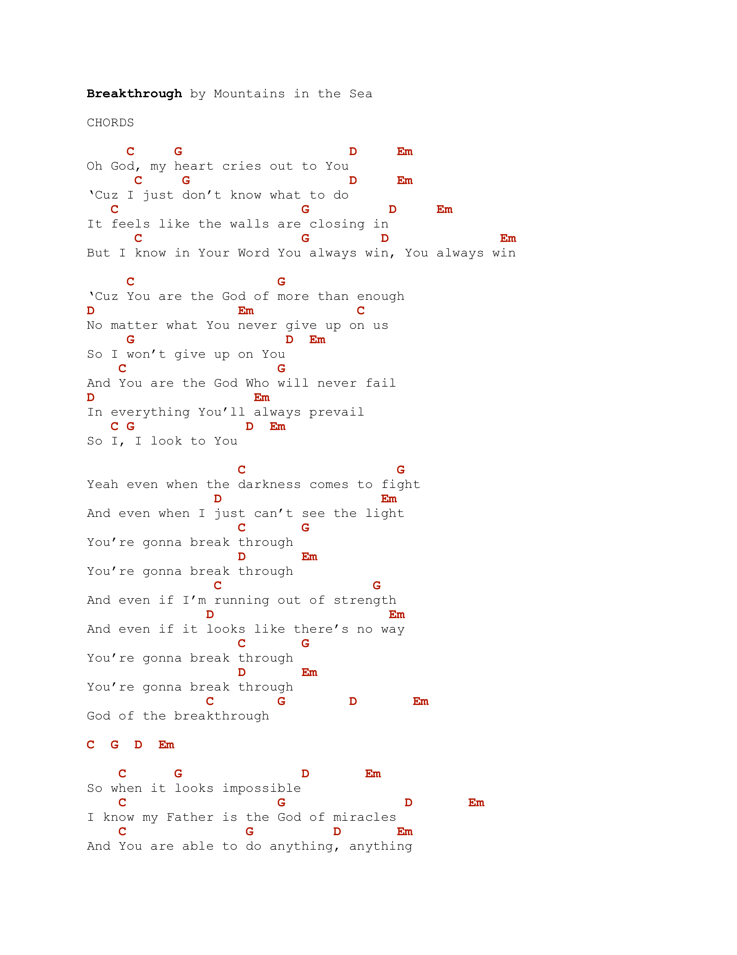 Breakthrough Chord Chart (Mountains In The Sea)