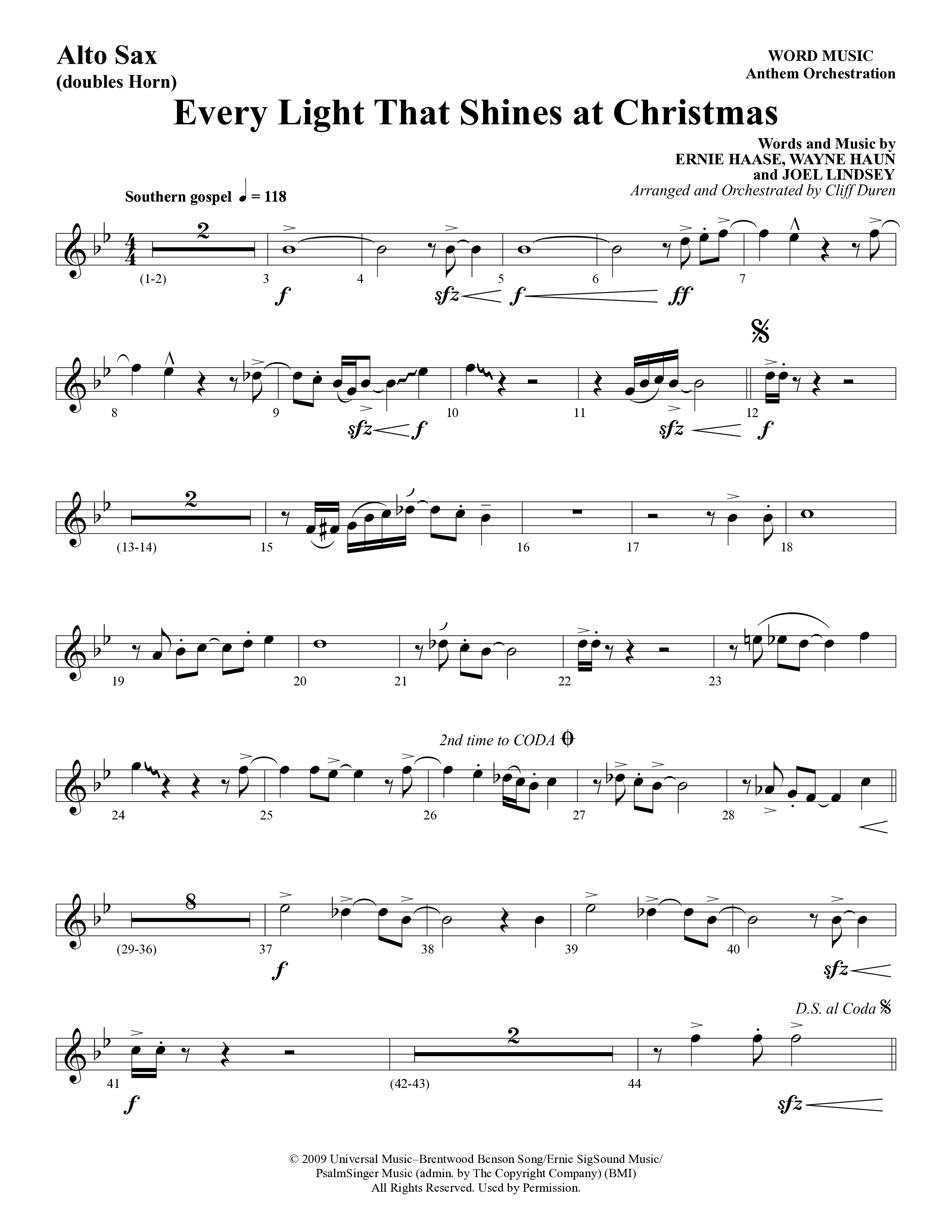 Every Light That Shines At Christmas (Choral Anthem SATB) Alto Sax (Word Music Choral / Arr. Cliff Duren)