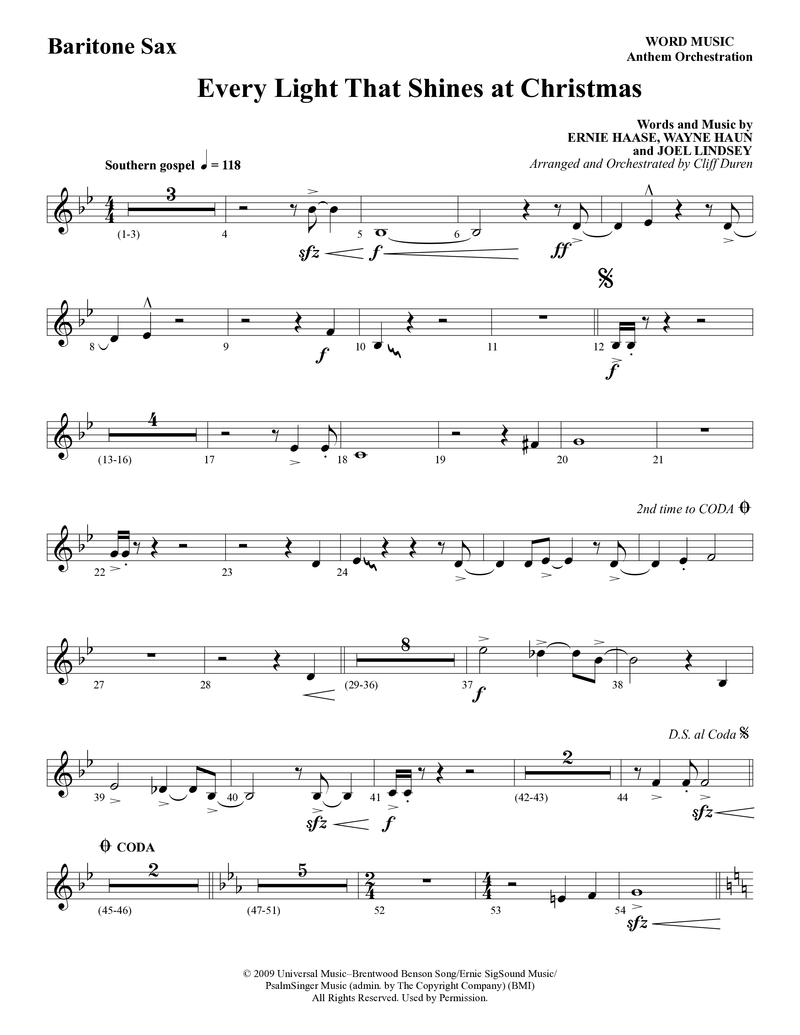 Every Light That Shines At Christmas (Choral Anthem SATB) Bari Sax (Word Music Choral / Arr. Cliff Duren)