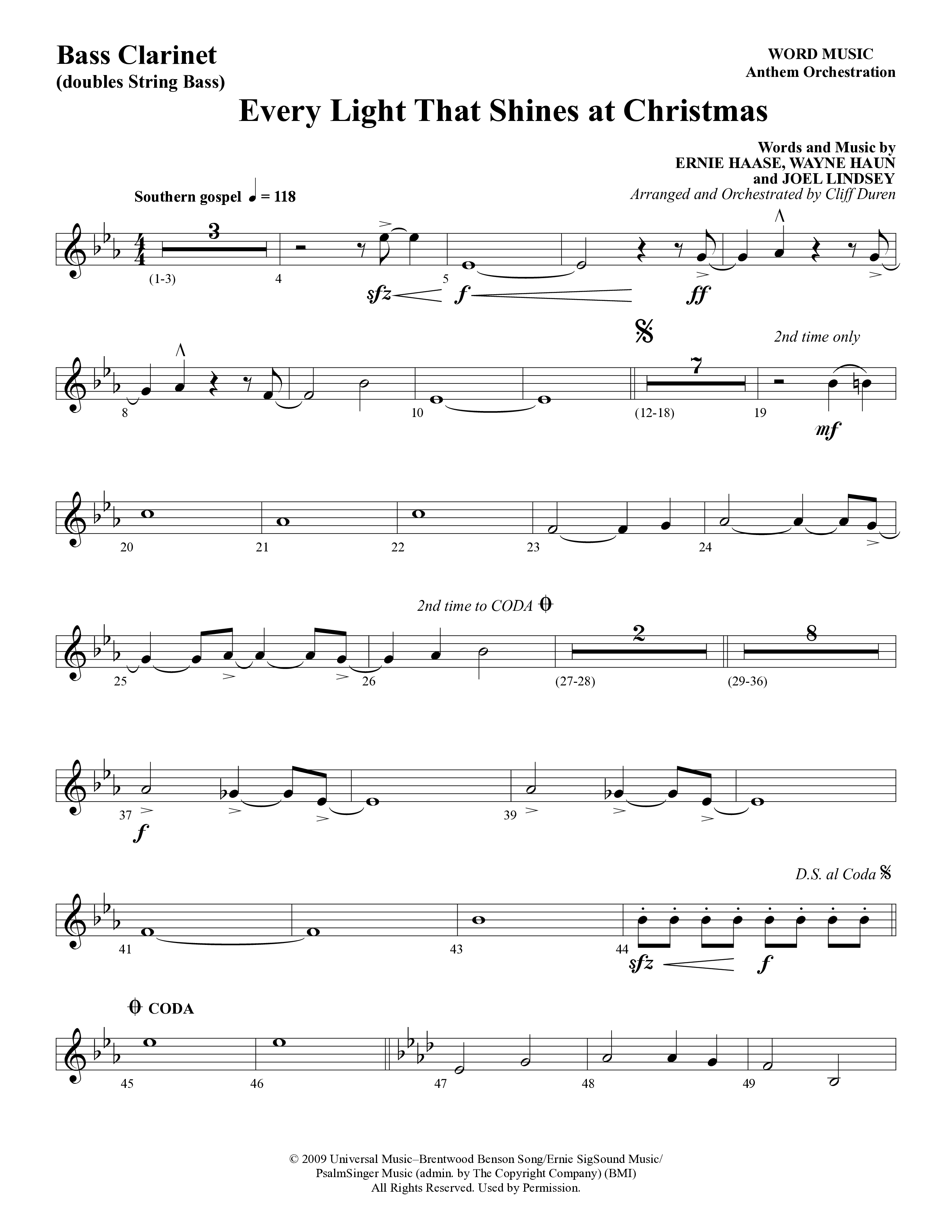 Every Light That Shines At Christmas (Choral Anthem SATB) Bass Clarinet (Word Music Choral / Arr. Cliff Duren)
