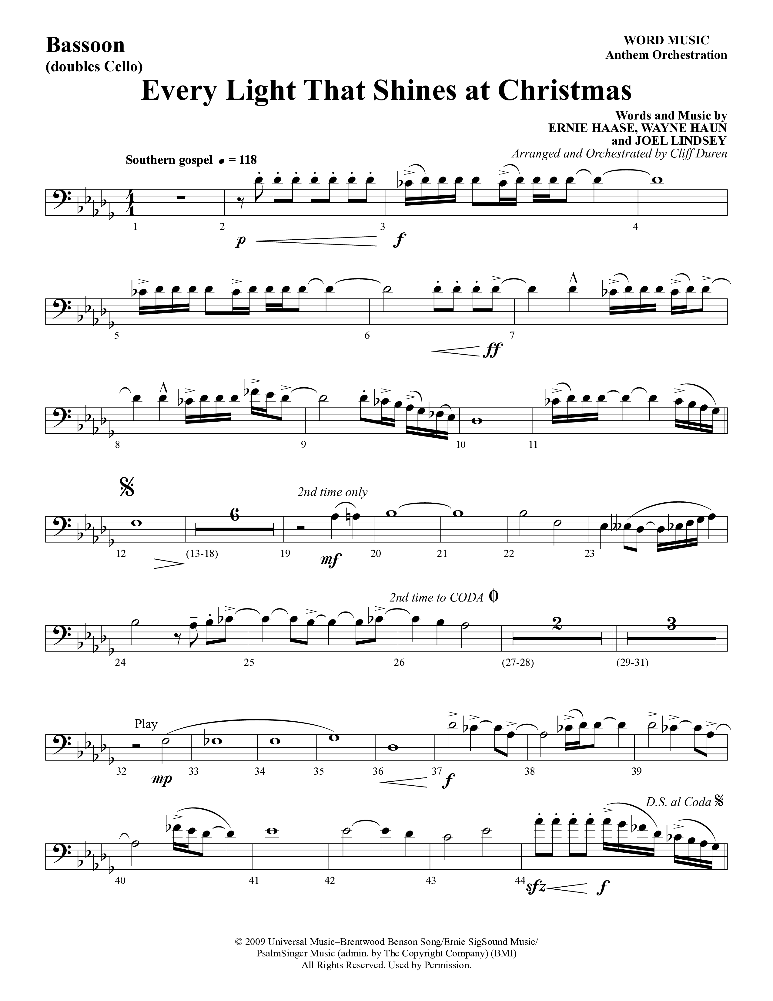 Every Light That Shines At Christmas (Choral Anthem SATB) Bassoon (Word Music Choral / Arr. Cliff Duren)