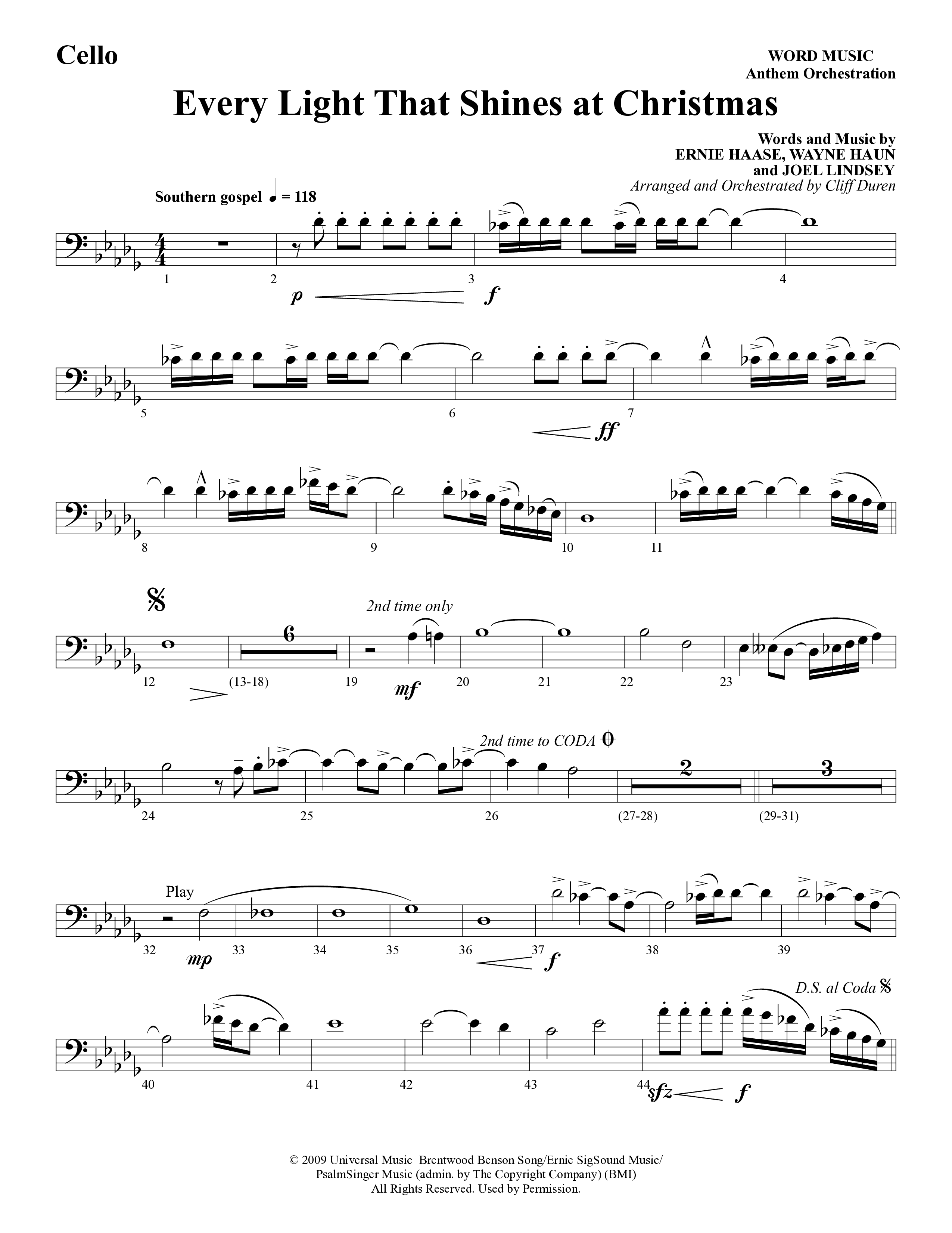 Every Light That Shines At Christmas (Choral Anthem SATB) Cello (Word Music Choral / Arr. Cliff Duren)