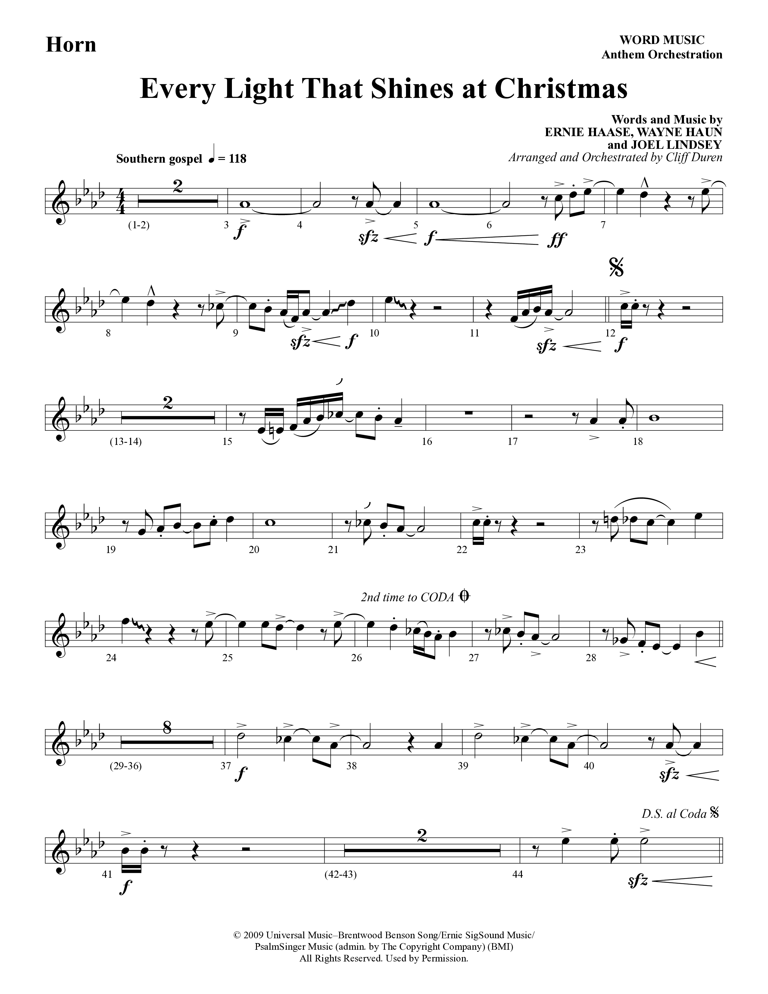 Every Light That Shines At Christmas (Choral Anthem SATB) French Horn (Word Music Choral / Arr. Cliff Duren)