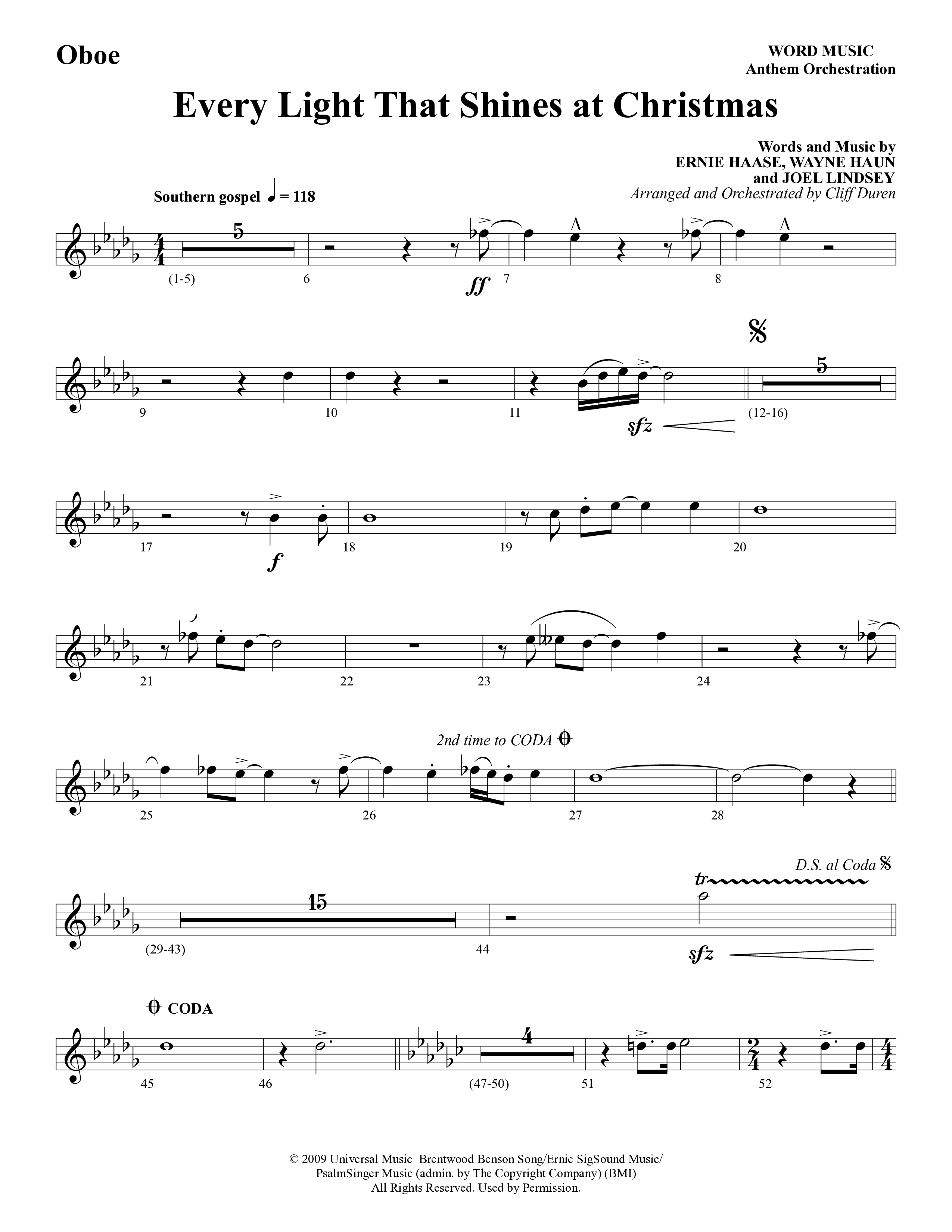 Every Light That Shines At Christmas (Choral Anthem SATB) Oboe (Word Music Choral / Arr. Cliff Duren)
