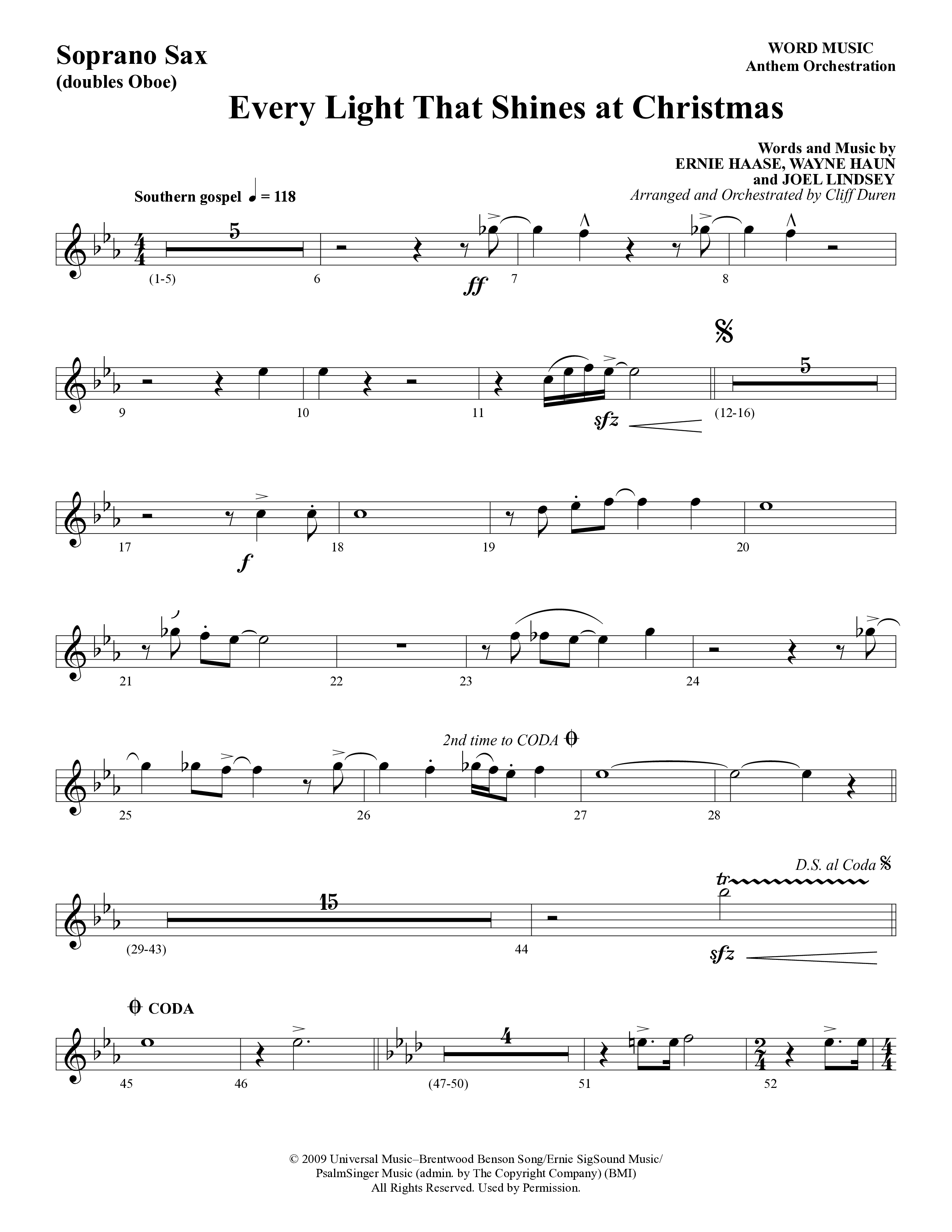 Every Light That Shines At Christmas (Choral Anthem SATB) Soprano Sax (Word Music Choral / Arr. Cliff Duren)