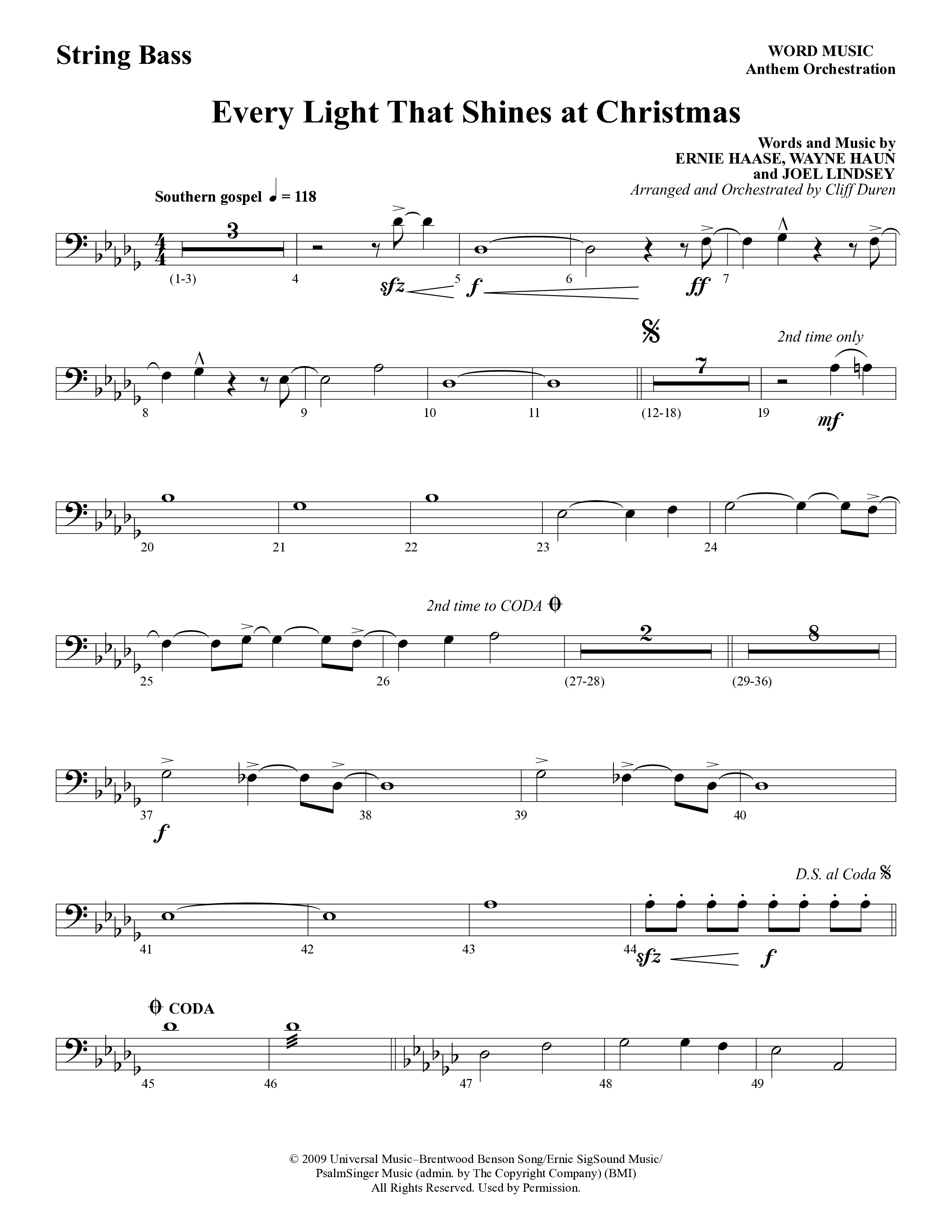 Every Light That Shines At Christmas (Choral Anthem SATB) String Bass (Word Music Choral / Arr. Cliff Duren)