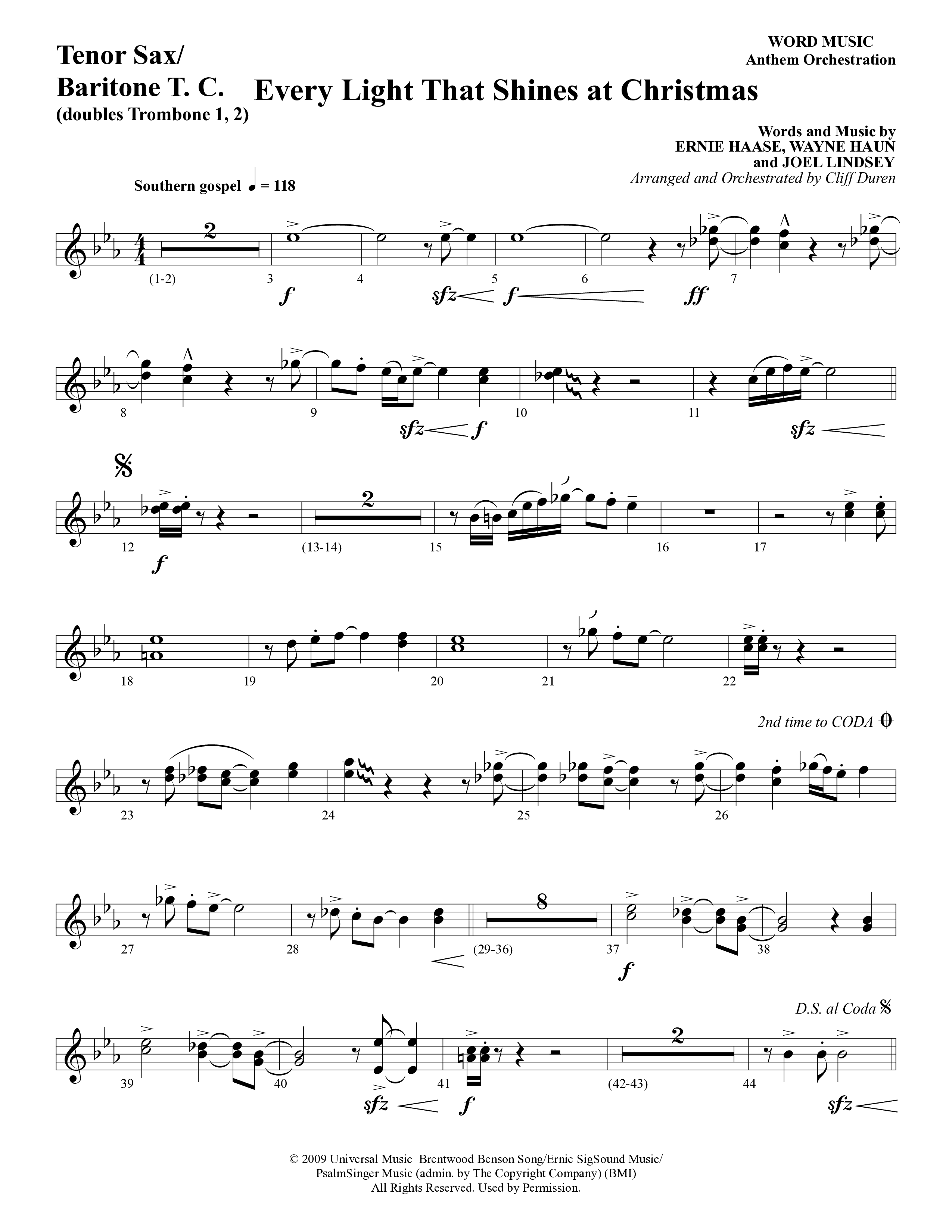 Every Light That Shines At Christmas (Choral Anthem SATB) Tenor Sax/Baritone T.C. (Word Music Choral / Arr. Cliff Duren)