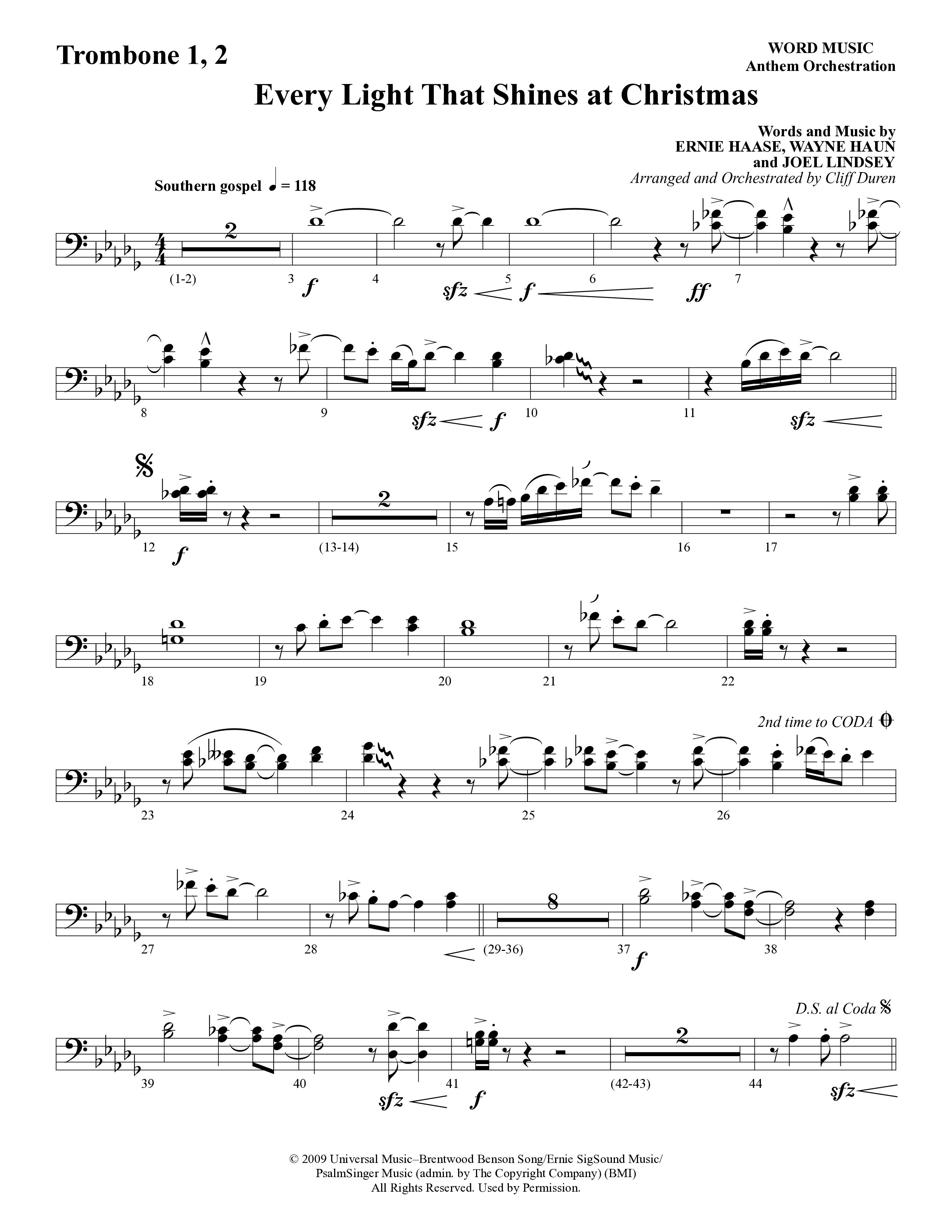 Every Light That Shines At Christmas (Choral Anthem SATB) Trombone 1/2 (Word Music Choral / Arr. Cliff Duren)