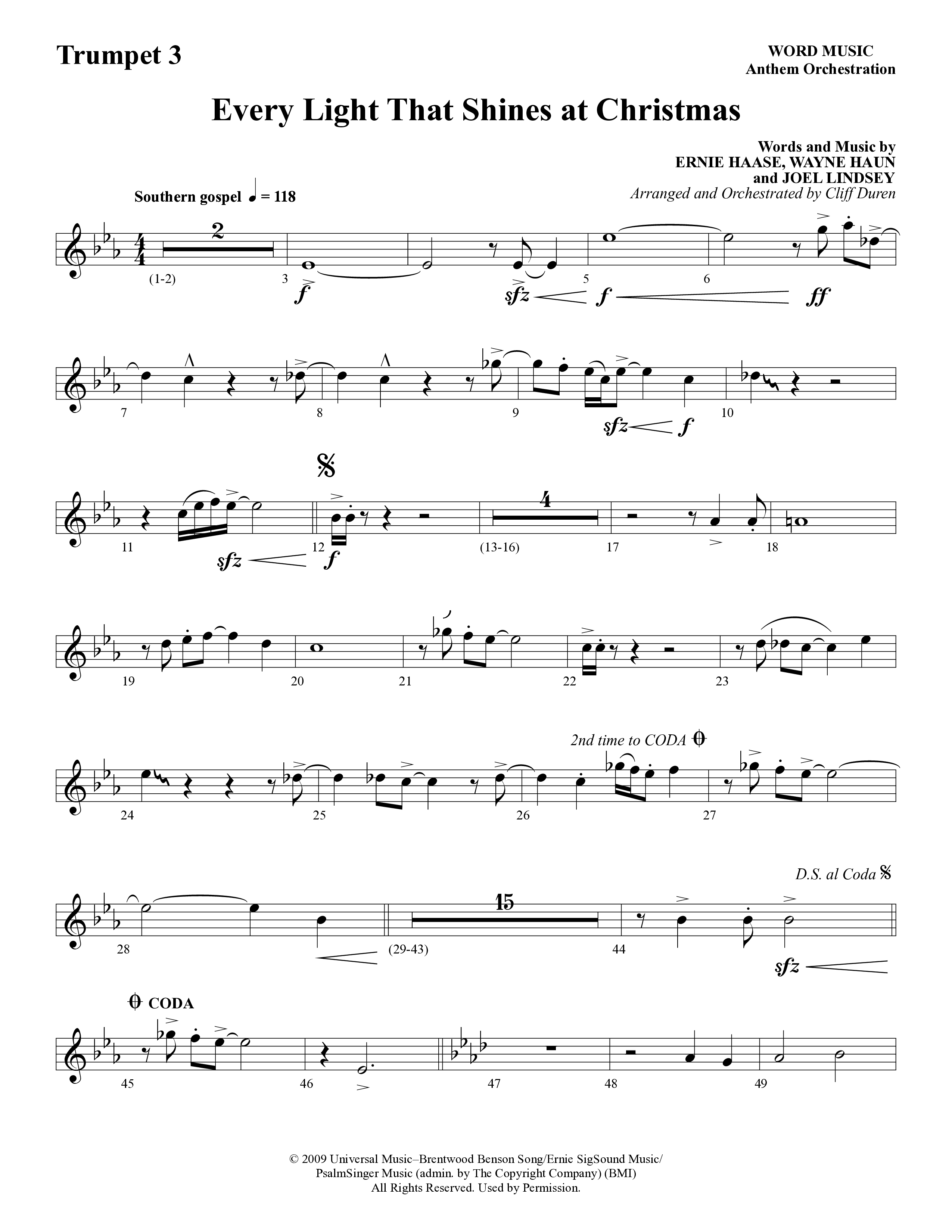 Every Light That Shines At Christmas (Choral Anthem SATB) Trumpet 3 (Word Music Choral / Arr. Cliff Duren)