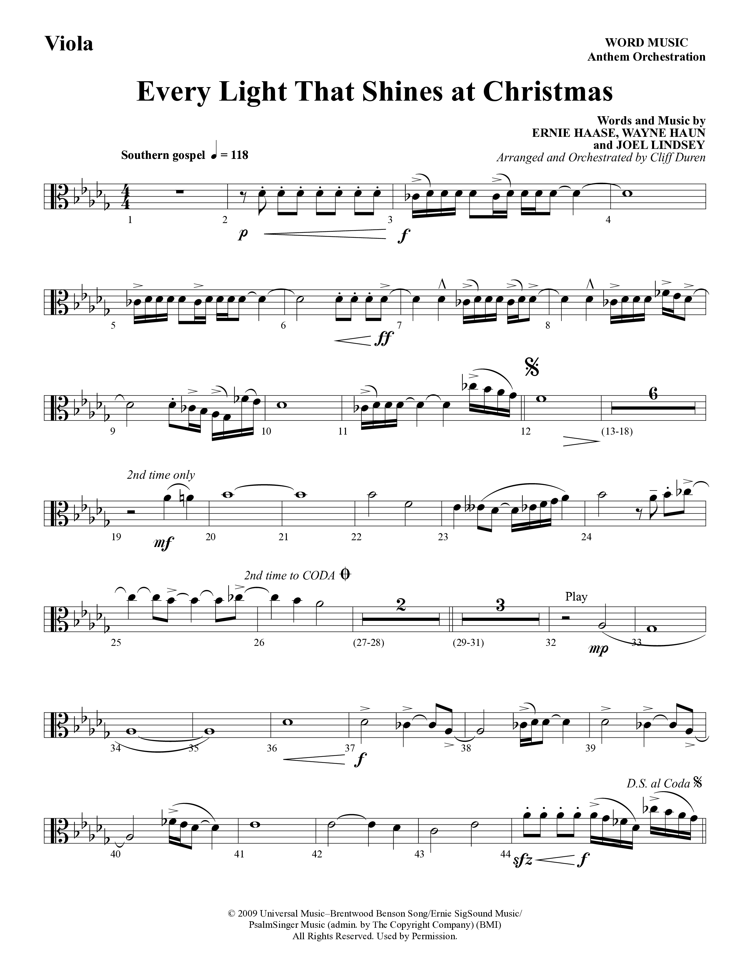 Every Light That Shines At Christmas (Choral Anthem SATB) Viola (Word Music Choral / Arr. Cliff Duren)