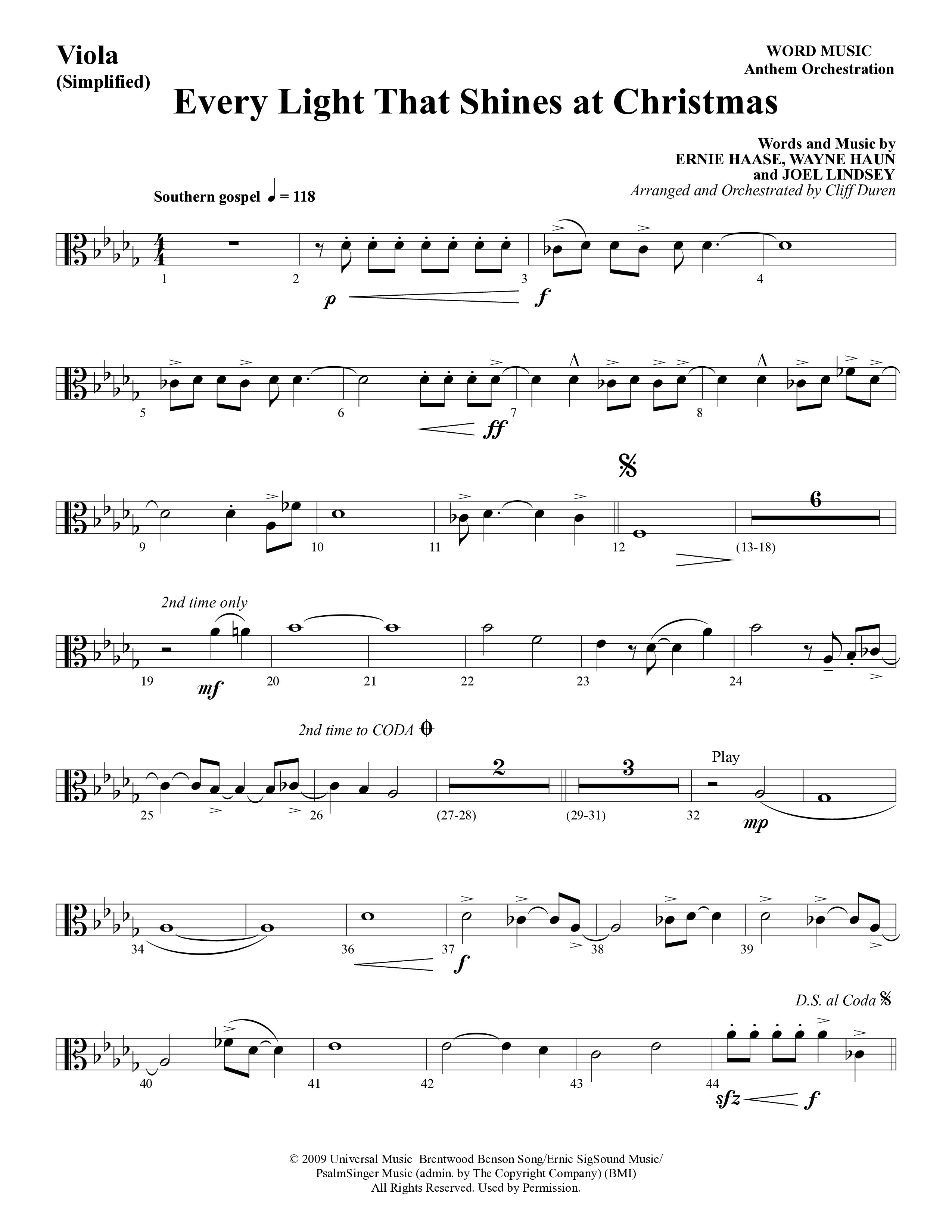 Every Light That Shines At Christmas (Choral Anthem SATB) Viola (Word Music Choral / Arr. Cliff Duren)