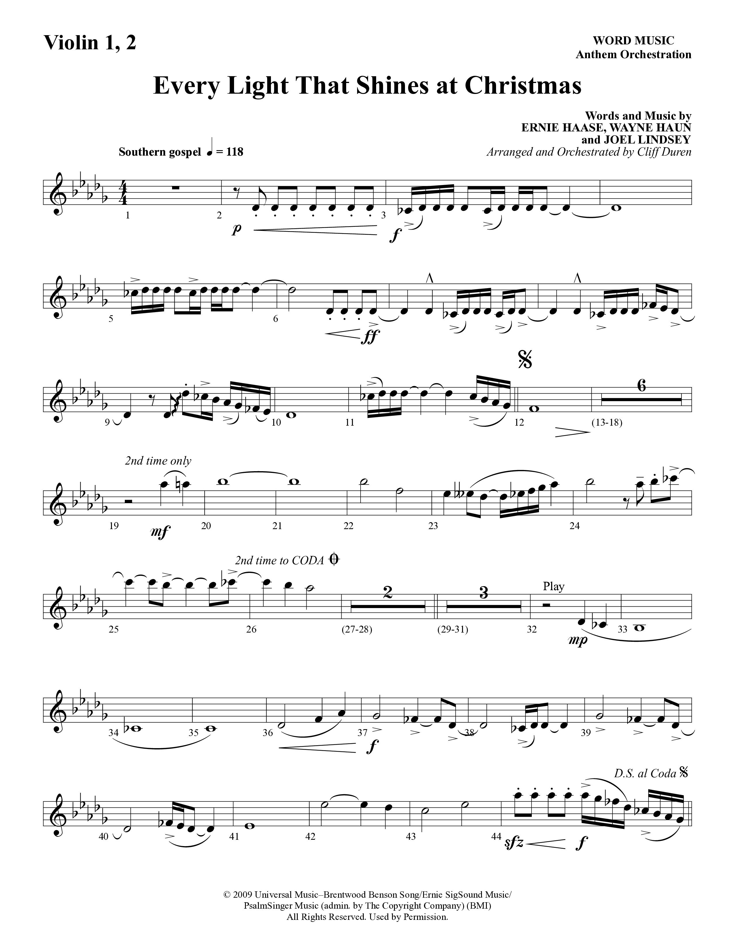 Every Light That Shines At Christmas (Choral Anthem SATB) Violin 1/2 (Word Music Choral / Arr. Cliff Duren)