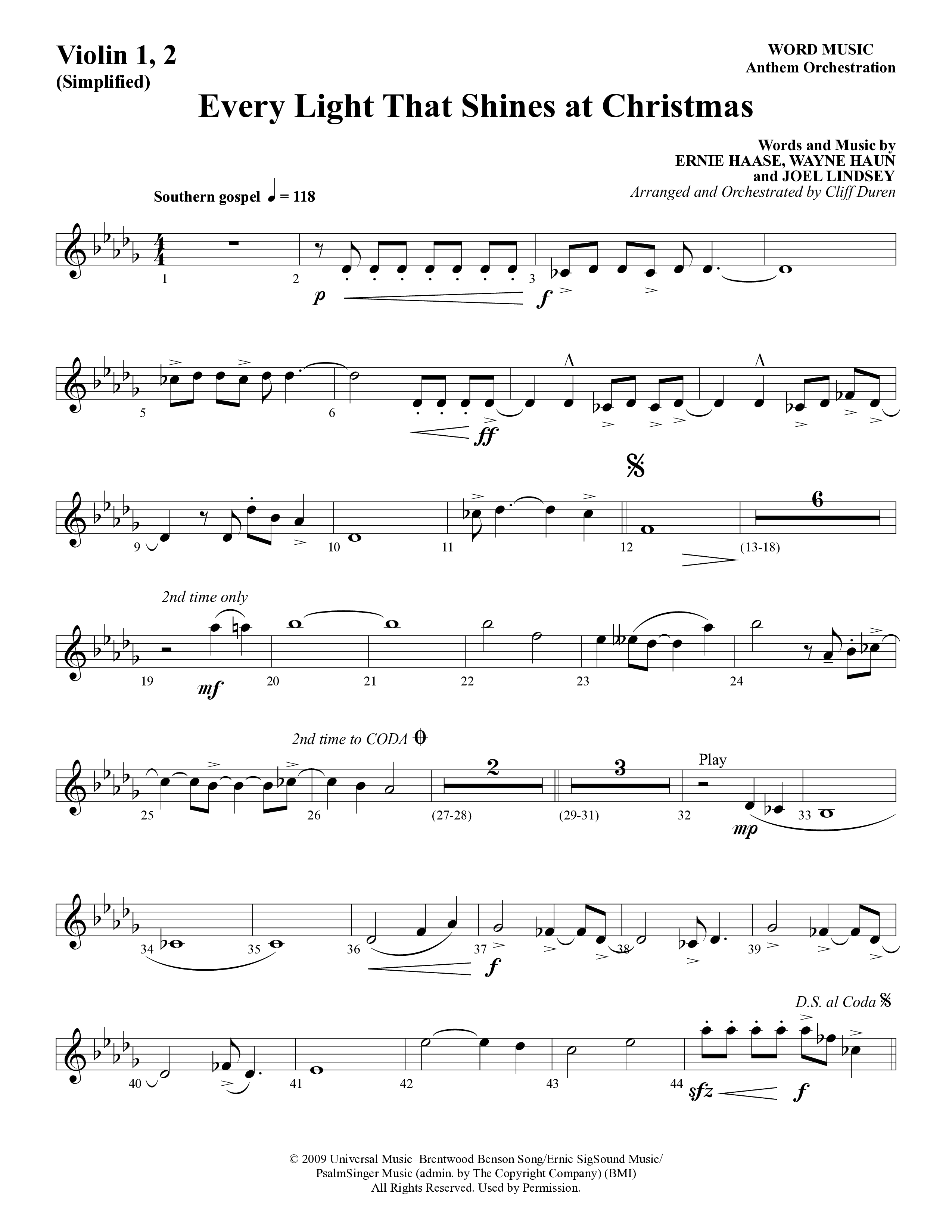 Every Light That Shines At Christmas (Choral Anthem SATB) Violin 1/2 (Word Music Choral / Arr. Cliff Duren)
