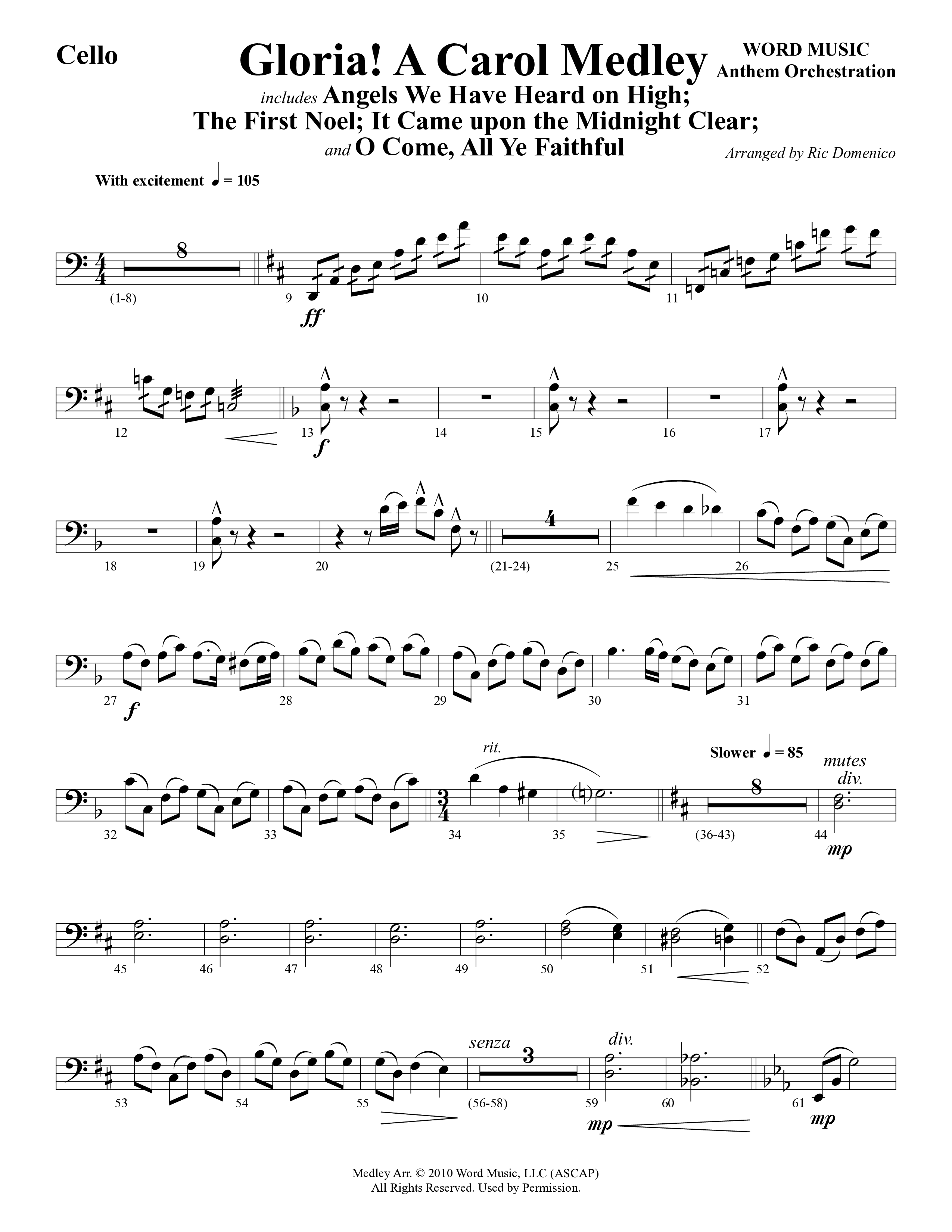 Gloria A Carol Medley (Choral Anthem SATB) Cello (Word Music Choral / Arr. Ric Domenico)