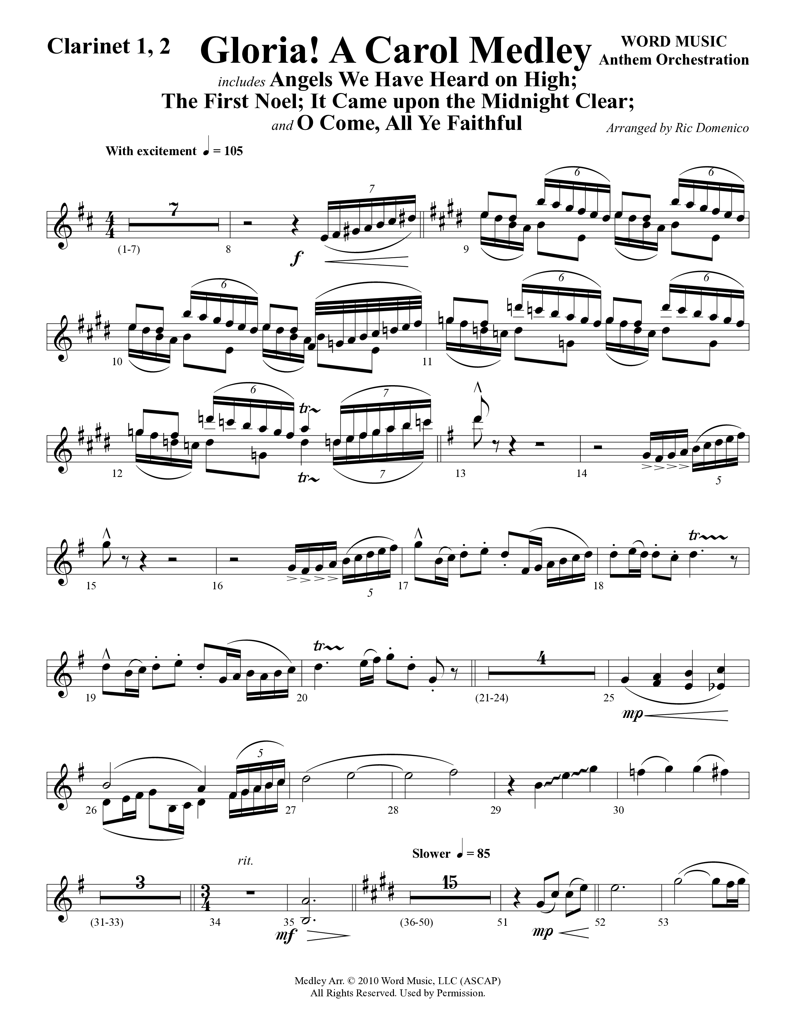 Gloria A Carol Medley (Choral Anthem SATB) Clarinet 1/2 (Word Music Choral / Arr. Ric Domenico)