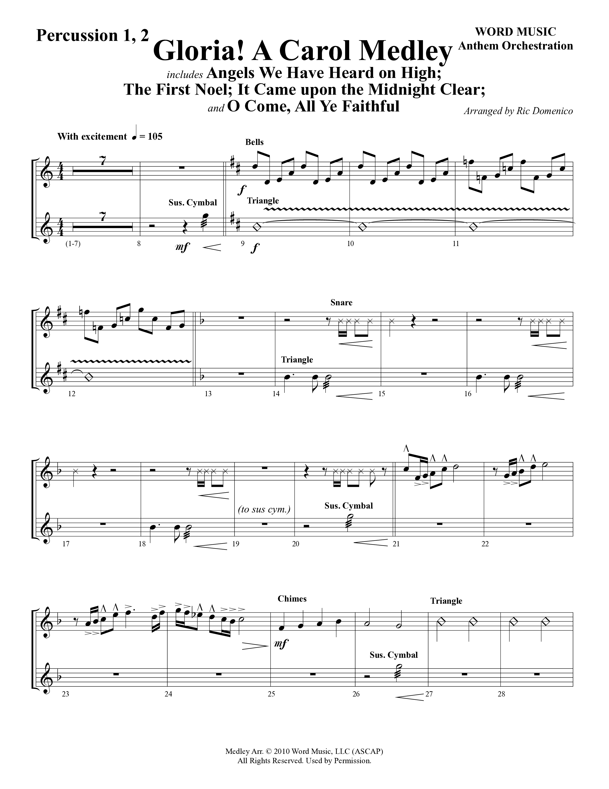 Gloria A Carol Medley (Choral Anthem SATB) Percussion (Word Music Choral / Arr. Ric Domenico)