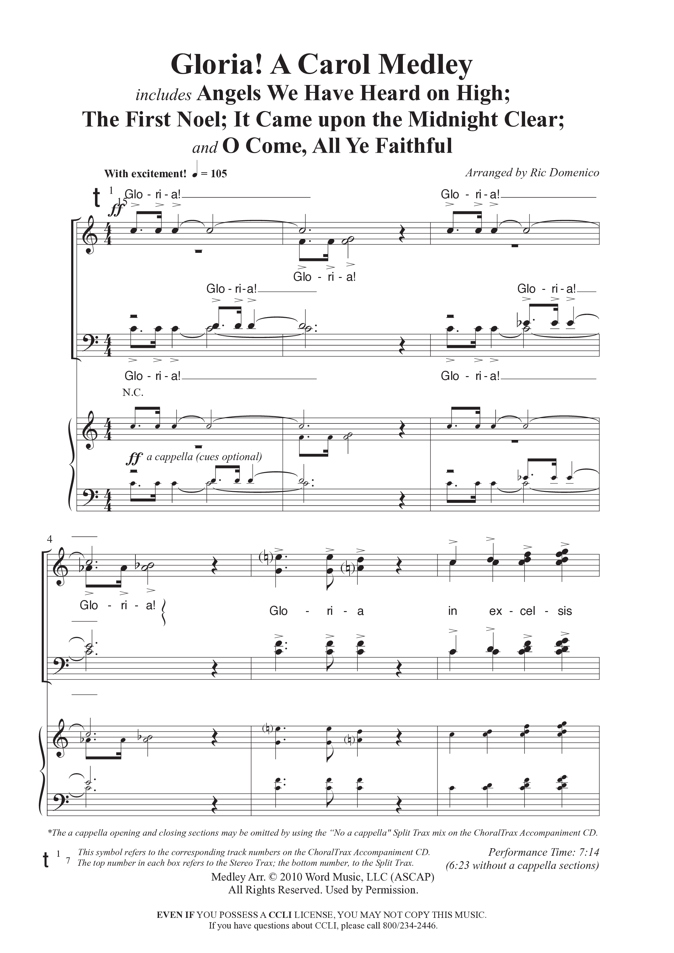 Gloria A Carol Medley (Choral Anthem SATB) Anthem (SATB/Piano) (Word Music Choral / Arr. Ric Domenico)